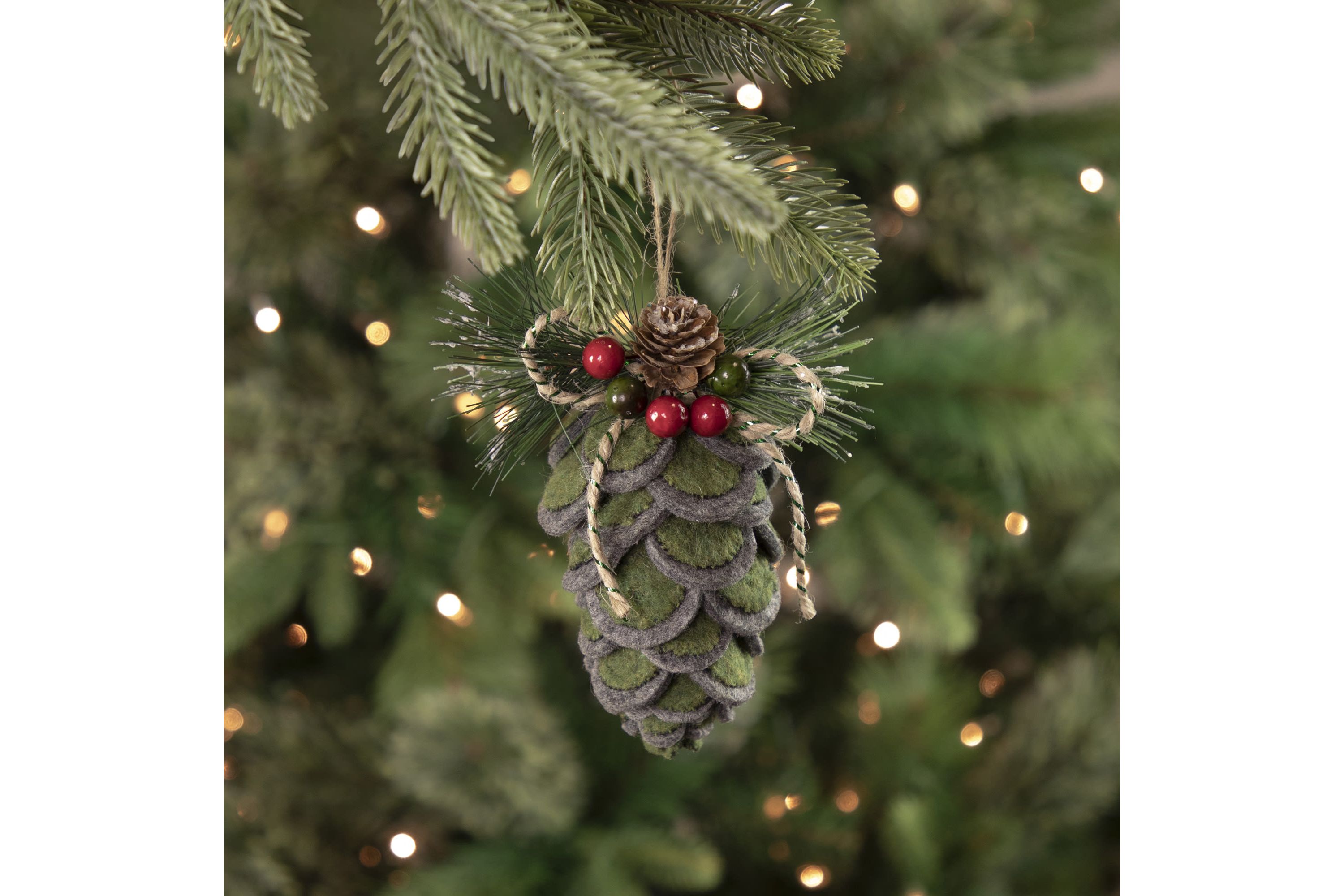 6inch Green Felt Pine Cone with Berries Christmas Ornament