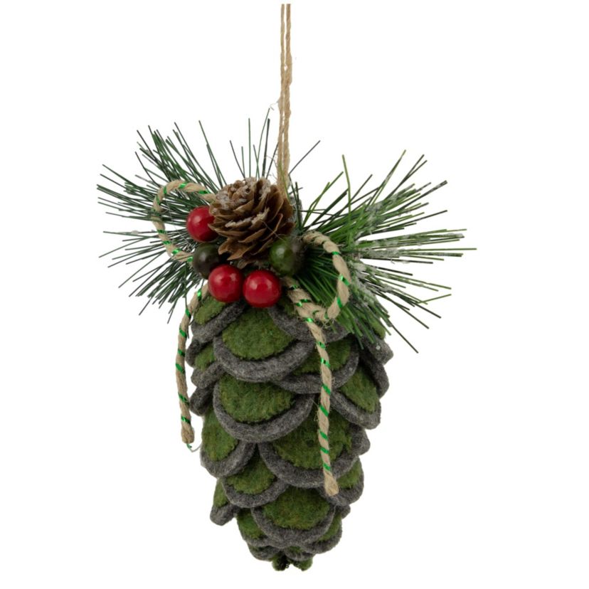 6inch Green Felt Pine Cone with Berries Christmas Ornament