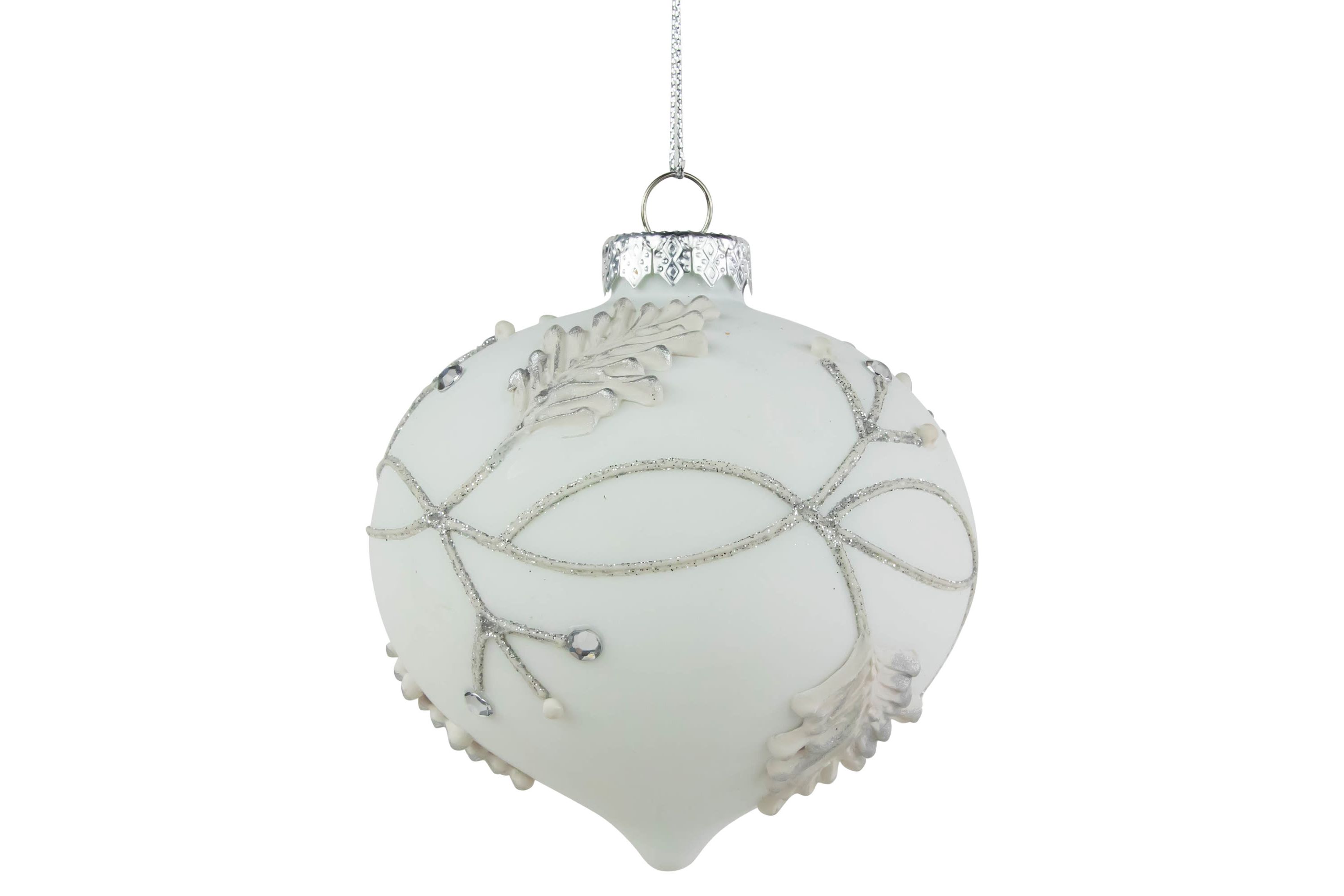 3.5inch White and Silver Leaves Glass Onion Drop Christmas Ornament