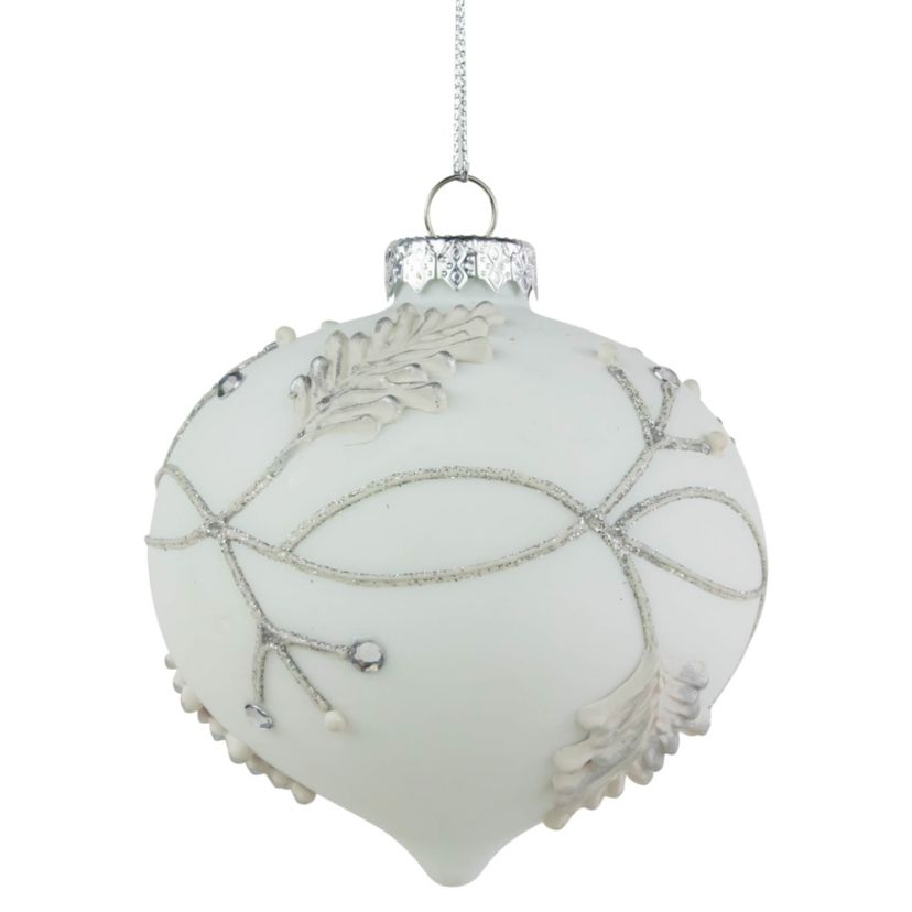 3.5inch White and Silver Leaves Glass Onion Drop Christmas Ornament
