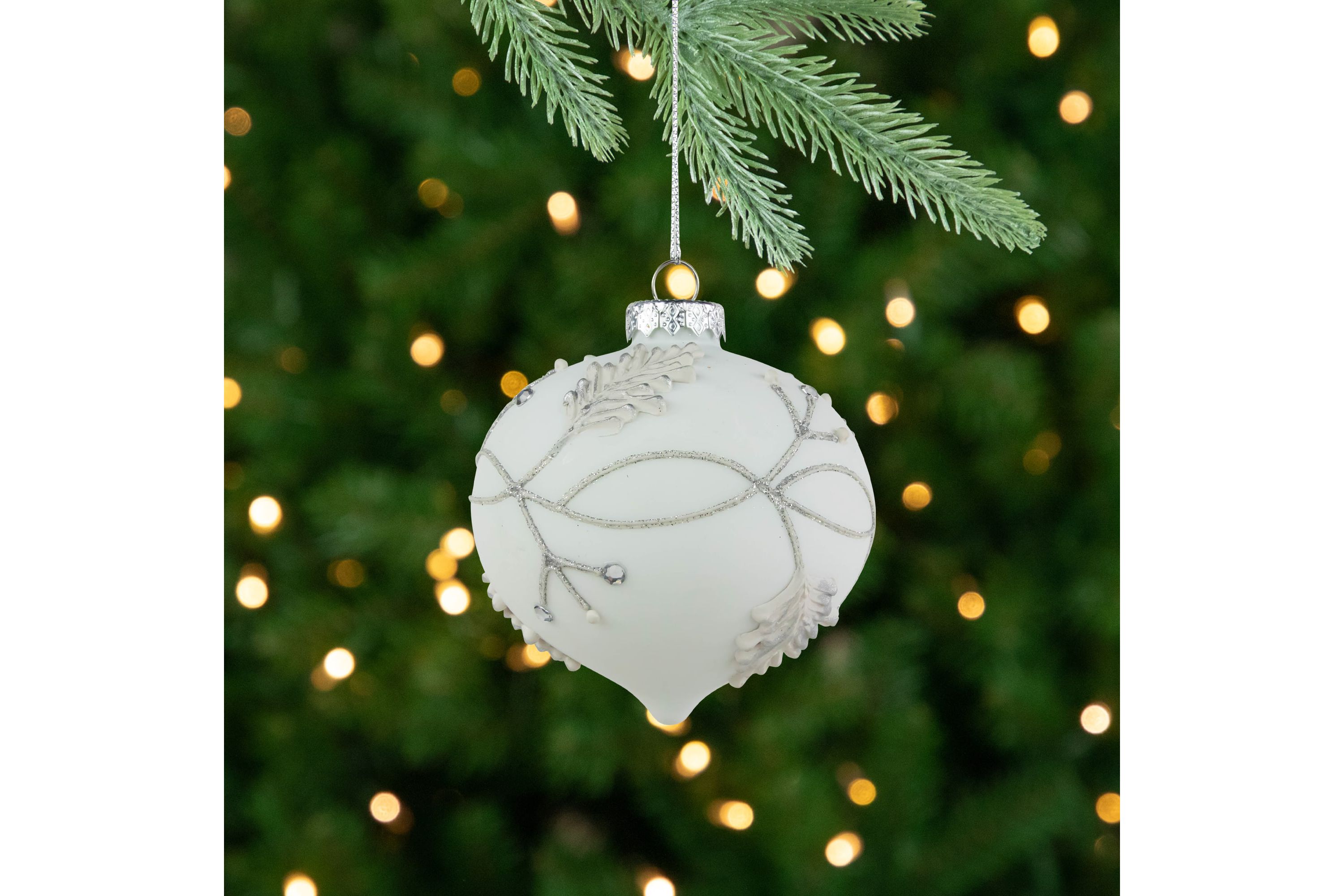3.5inch White and Silver Leaves Glass Onion Drop Christmas Ornament