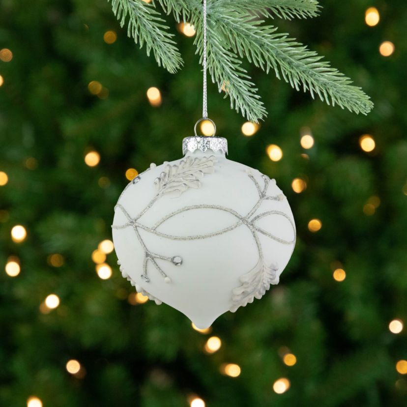 3.5inch White and Silver Leaves Glass Onion Drop Christmas Ornament