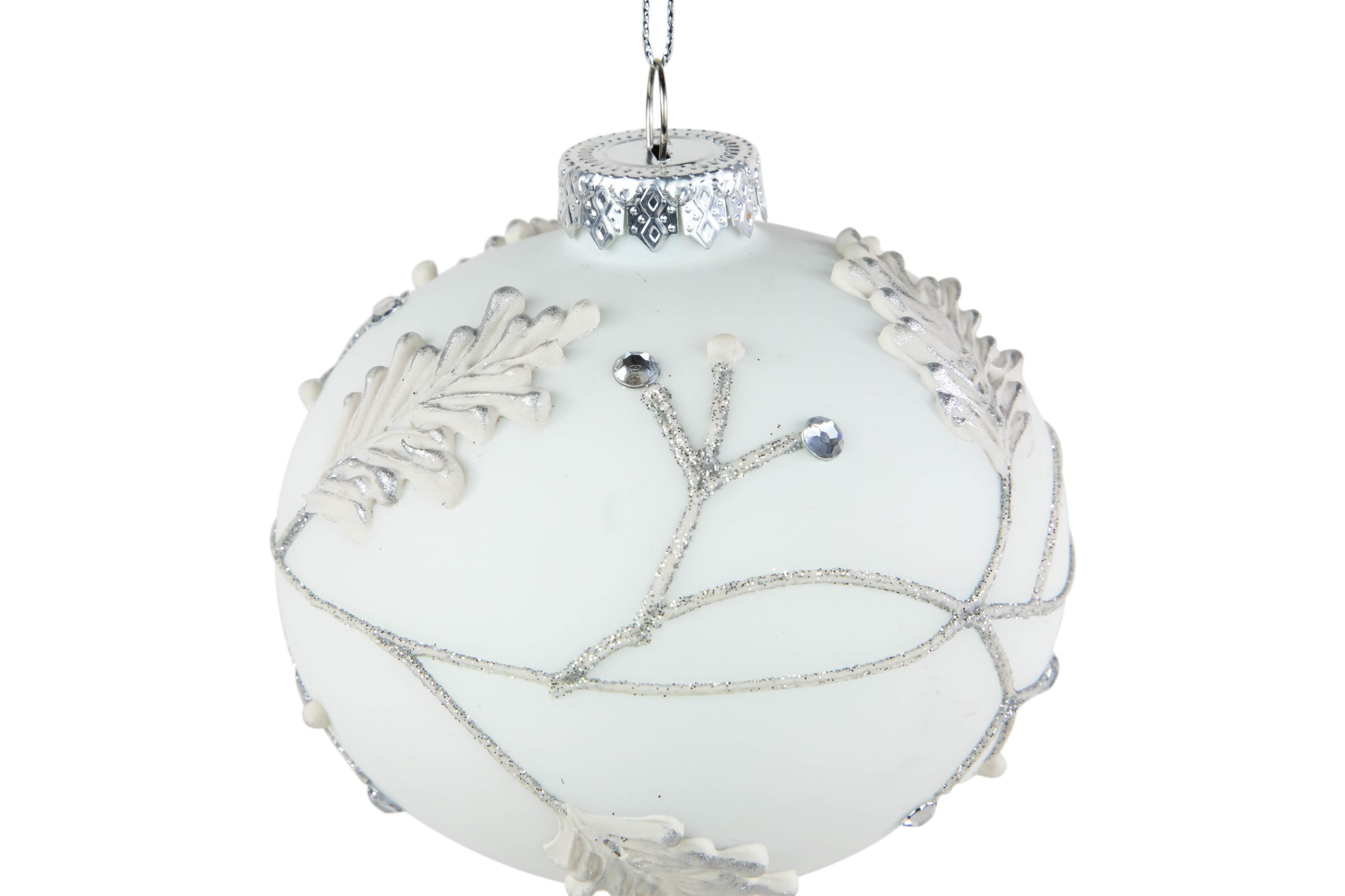 3.5inch White and Silver Leaves Glass Onion Drop Christmas Ornament