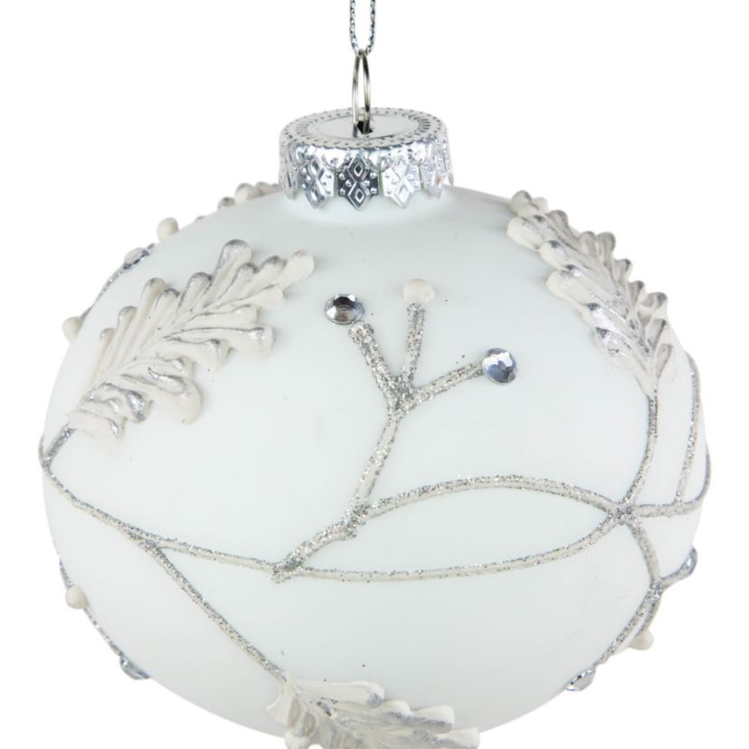 3.5inch White and Silver Leaves Glass Onion Drop Christmas Ornament
