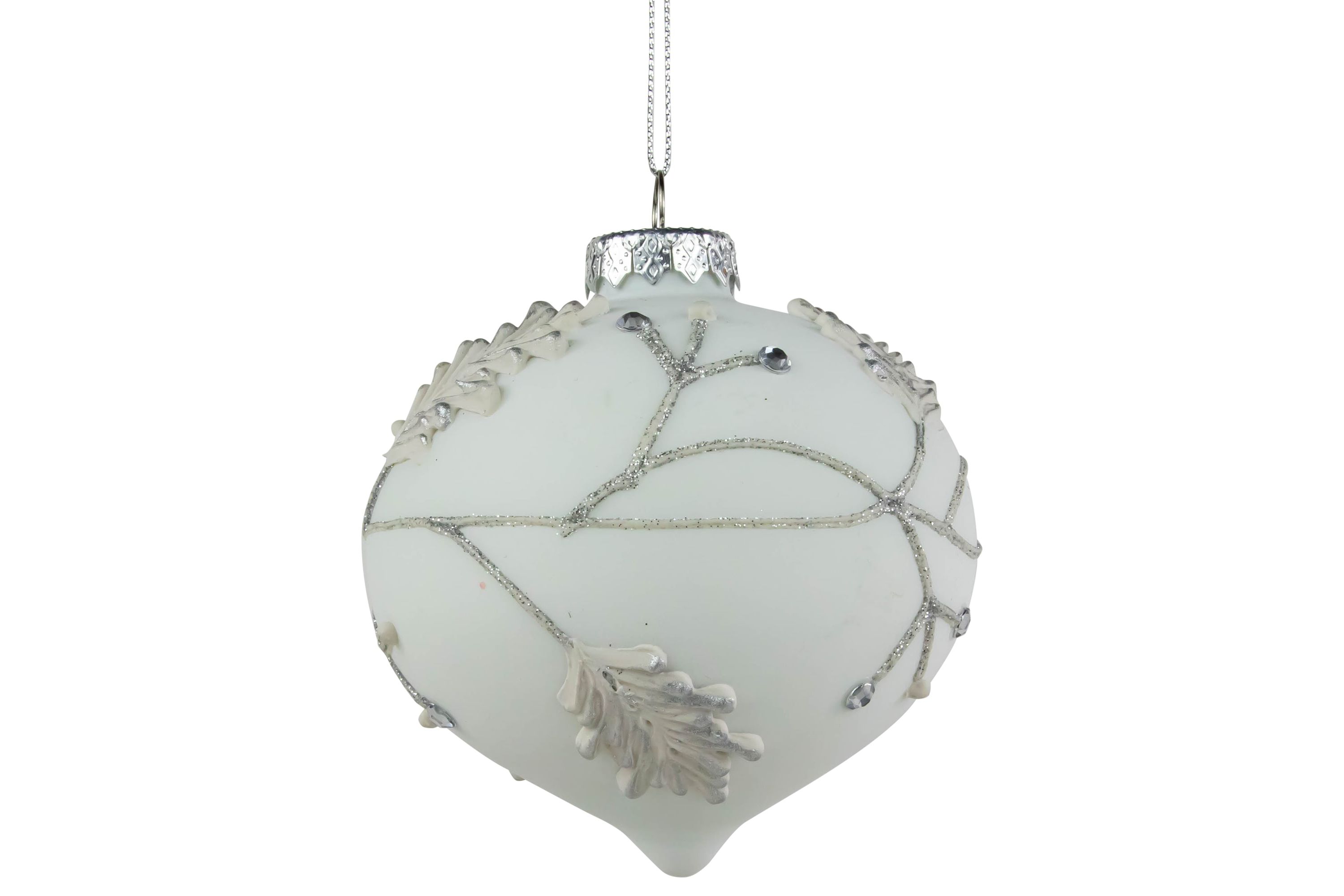 3.5inch White and Silver Leaves Glass Onion Drop Christmas Ornament
