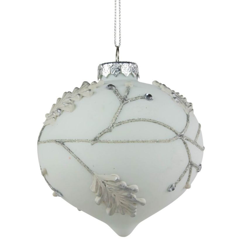 3.5inch White and Silver Leaves Glass Onion Drop Christmas Ornament