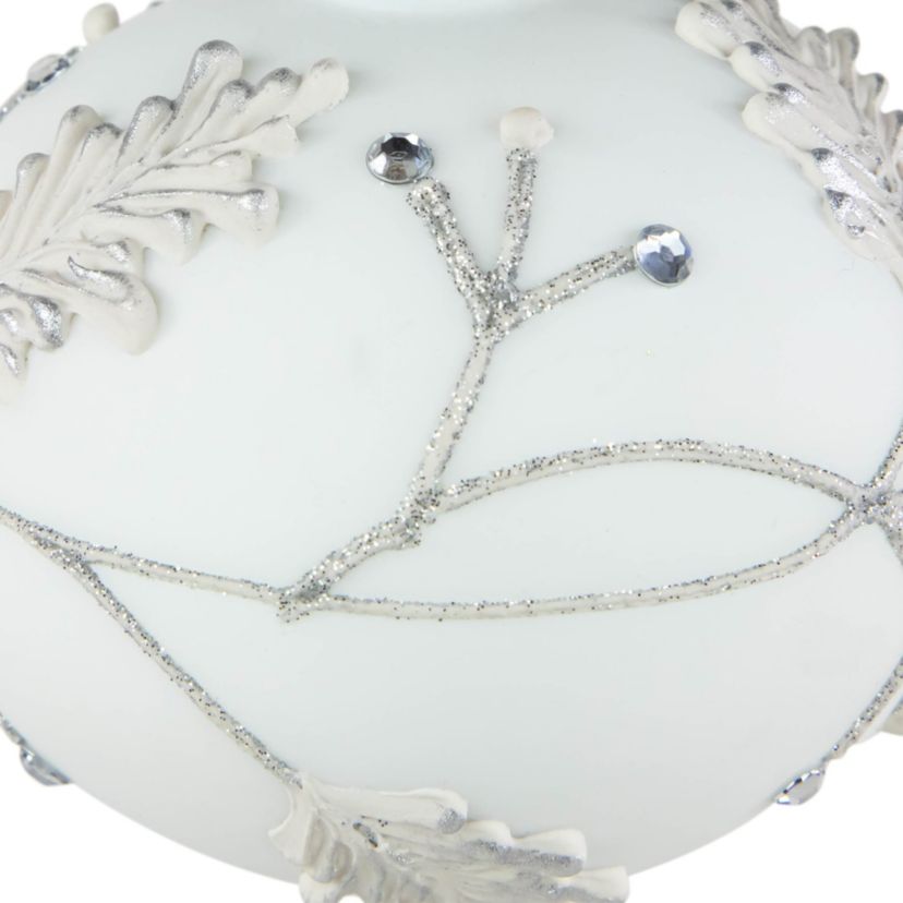 3.5inch White and Silver Leaves Glass Onion Drop Christmas Ornament