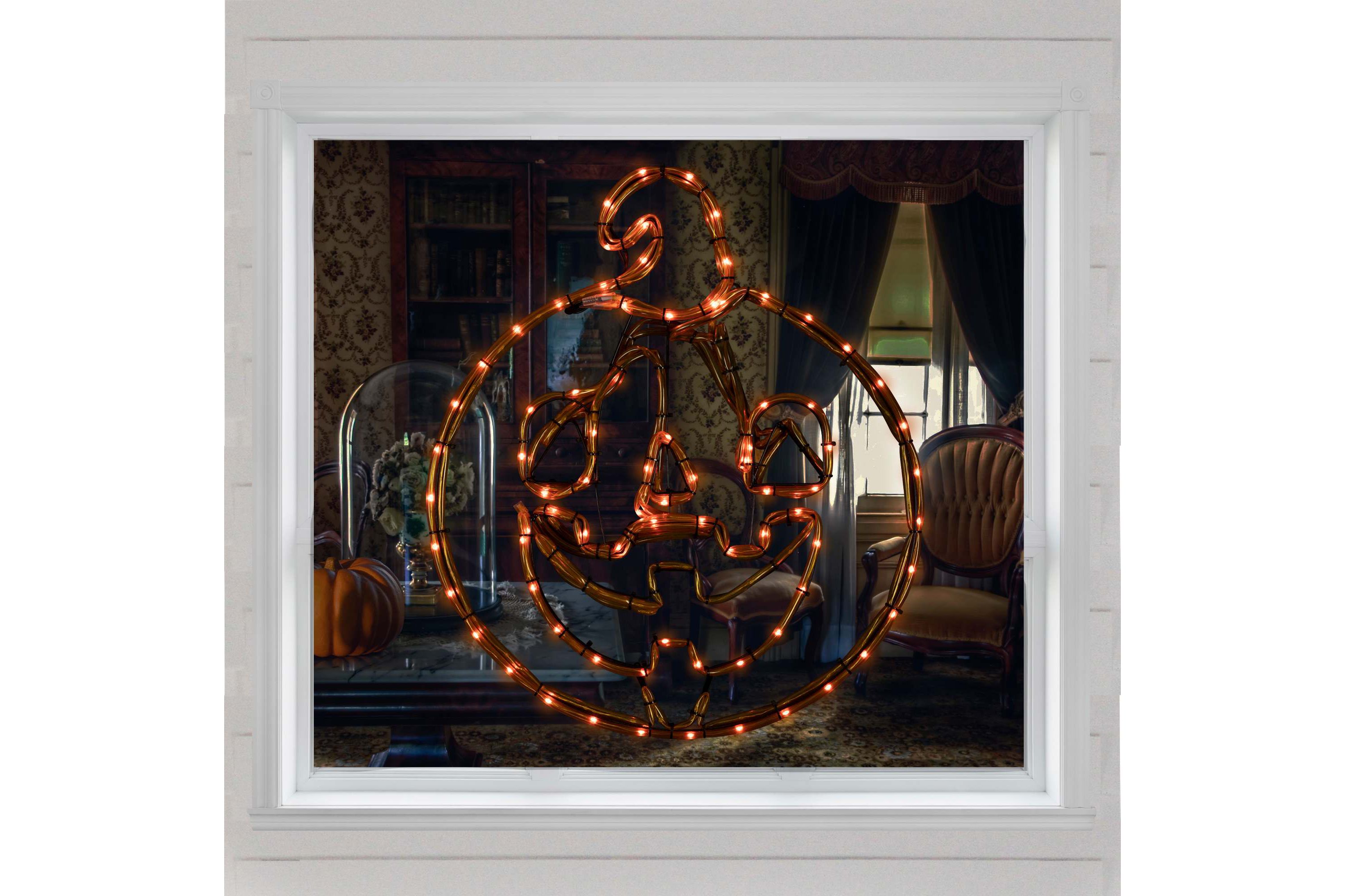 18" Orange Jack O Lantern 4 Function LED Lighted Halloween Window Silhouette