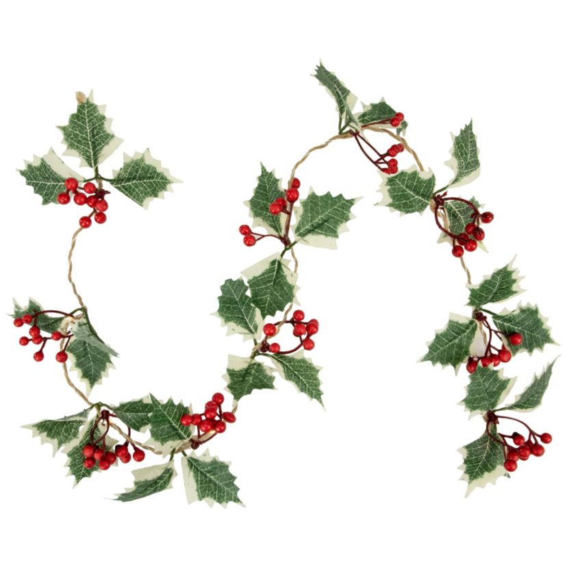 3inch x 3.25ft Pre-Lit Holly and Berry Christmas Garland Warm White LED Lights