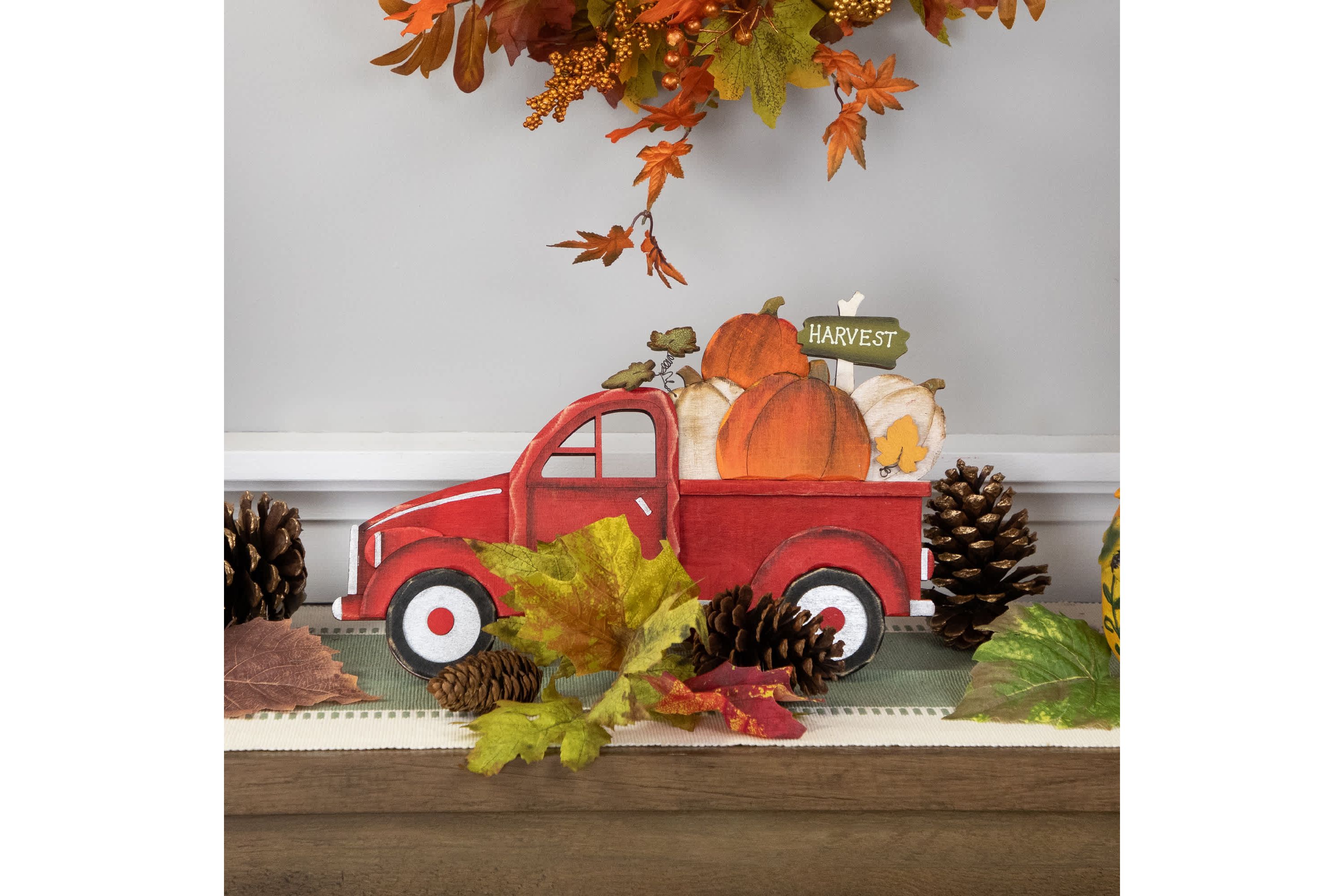 14" Red Truck with Pumpkins Fall Harvest Sign Decoration
