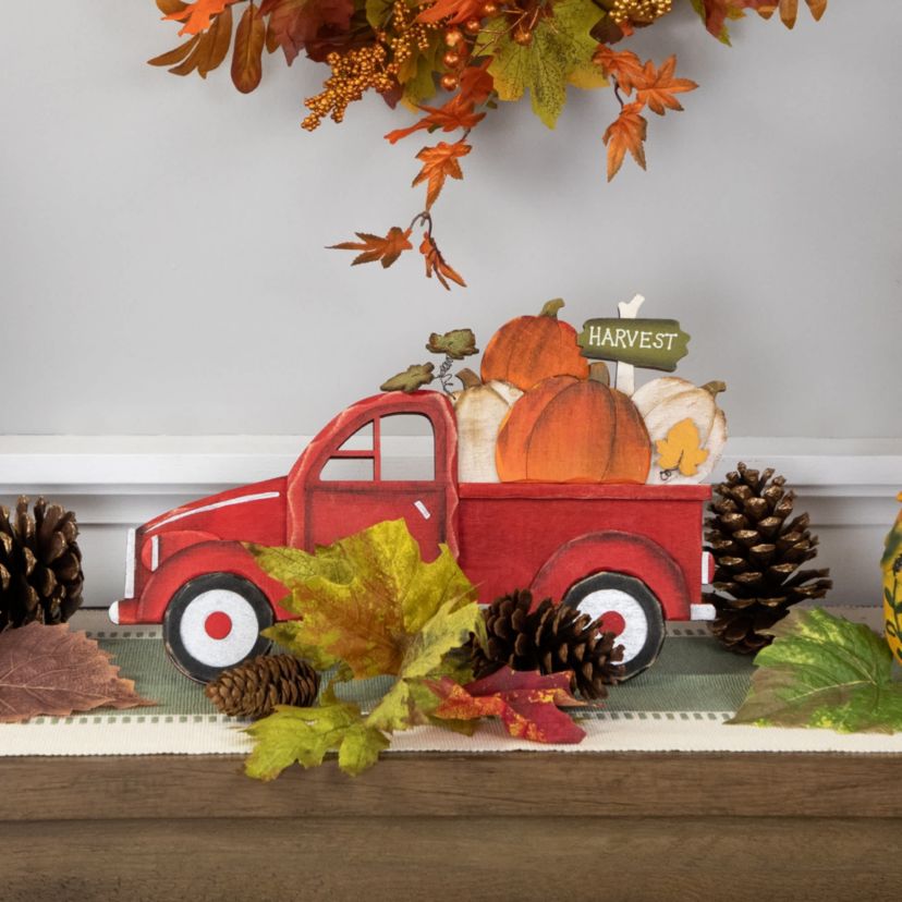 14" Red Truck with Pumpkins Fall Harvest Sign Decoration