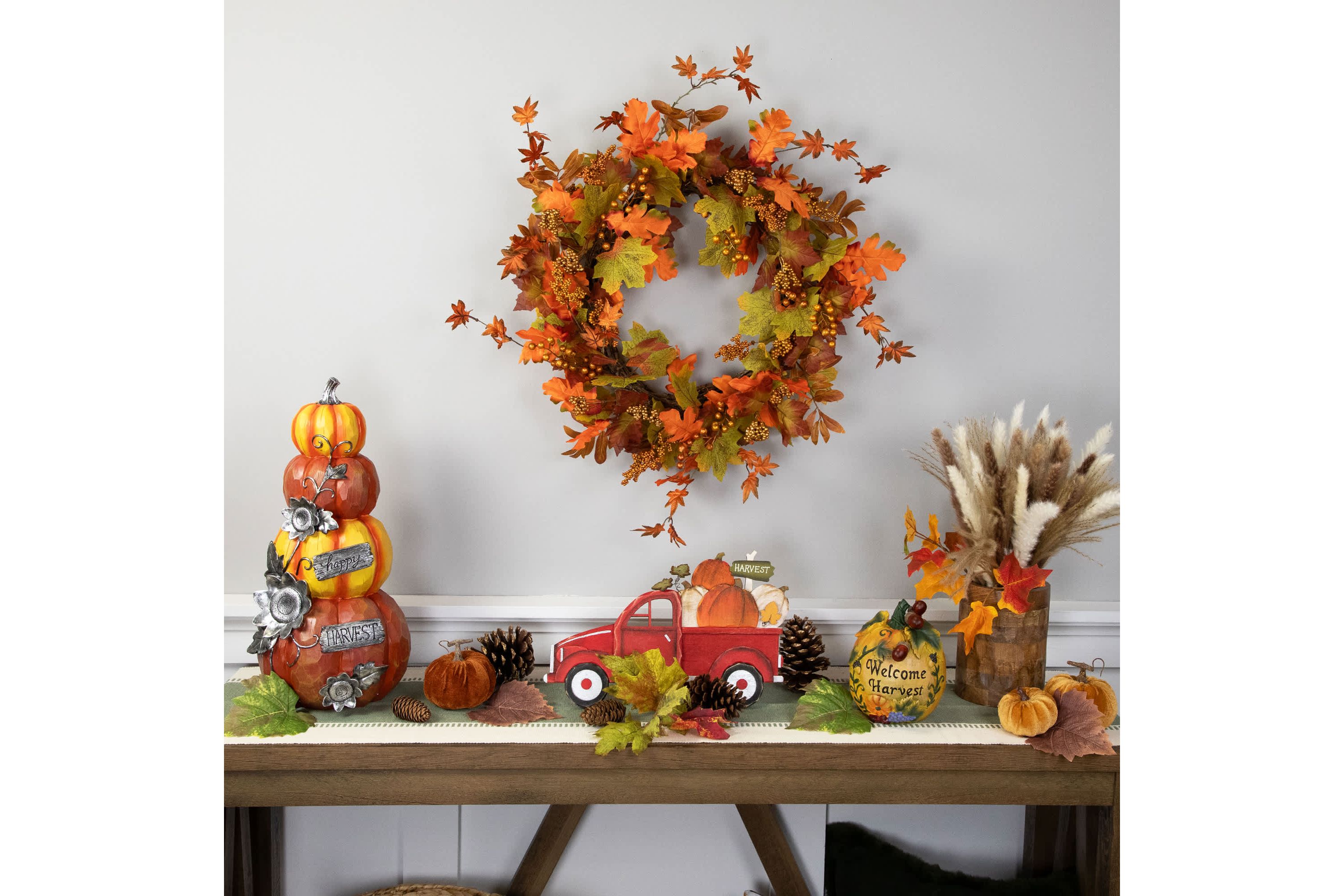 14" Red Truck with Pumpkins Fall Harvest Sign Decoration