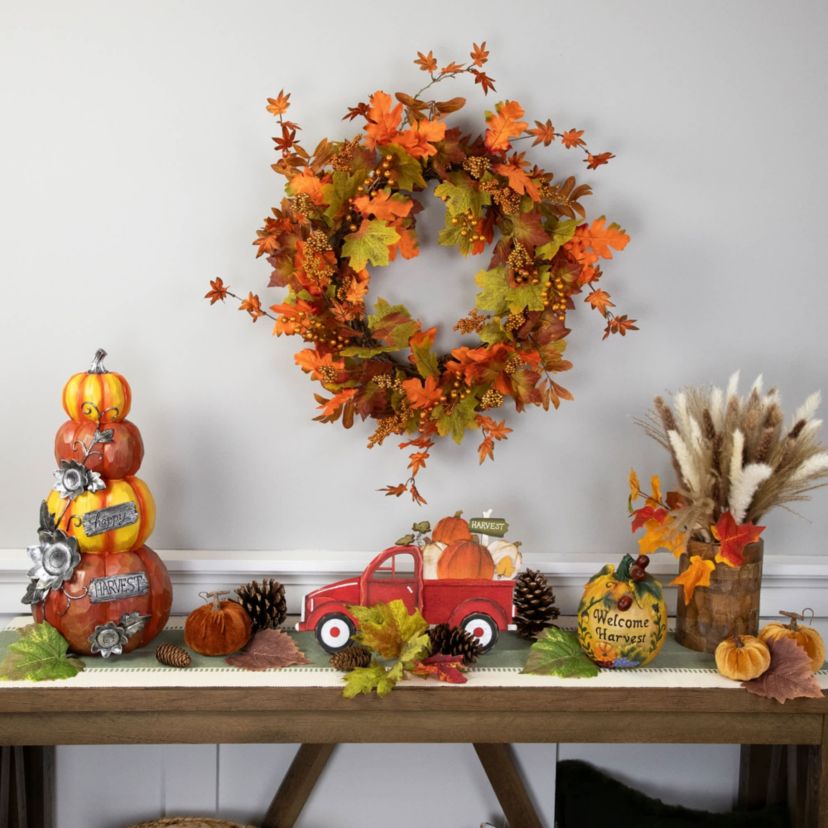 14" Red Truck with Pumpkins Fall Harvest Sign Decoration
