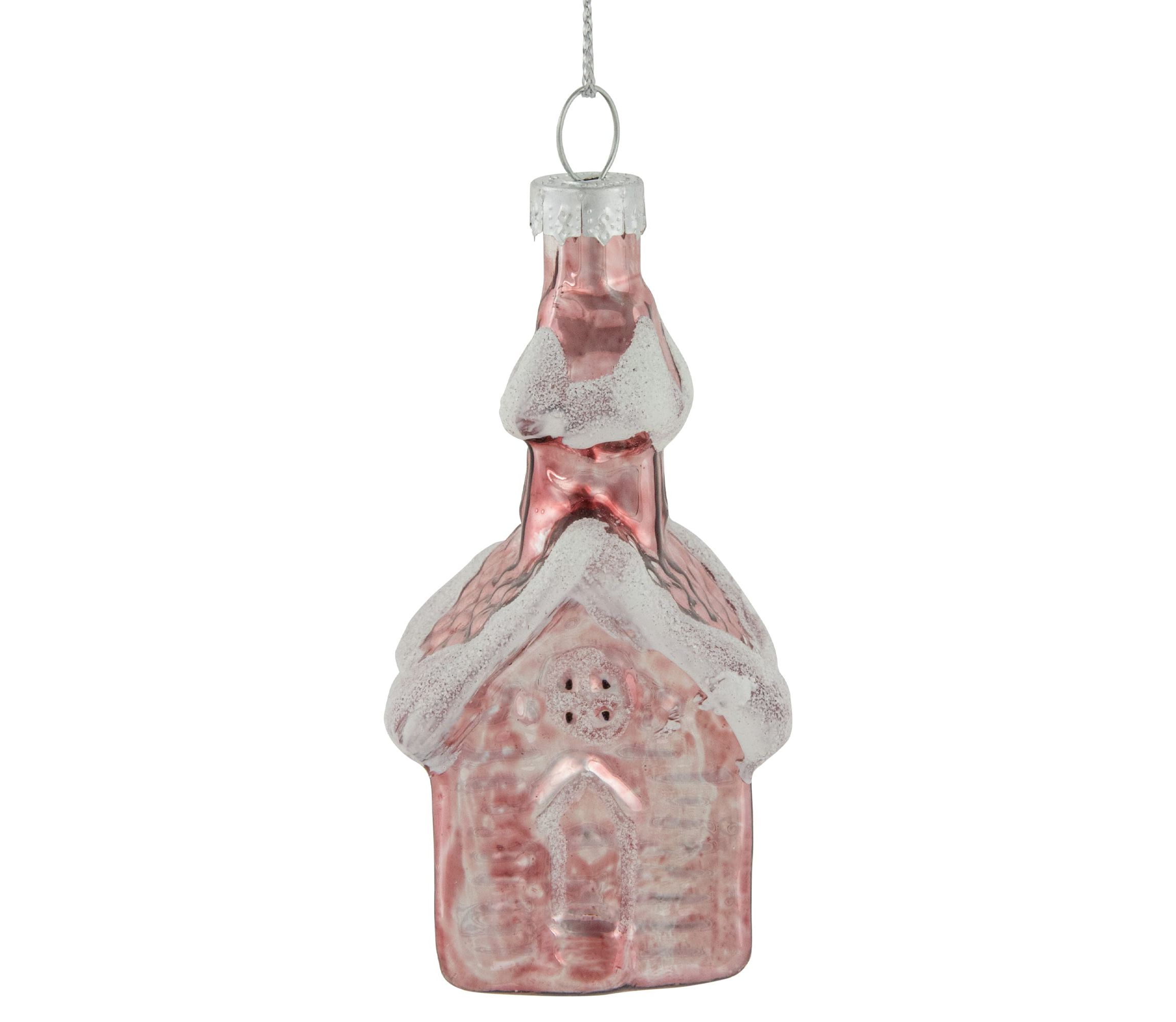 3.25inch Snow Covered Pink Church Glass Christmas Ornament