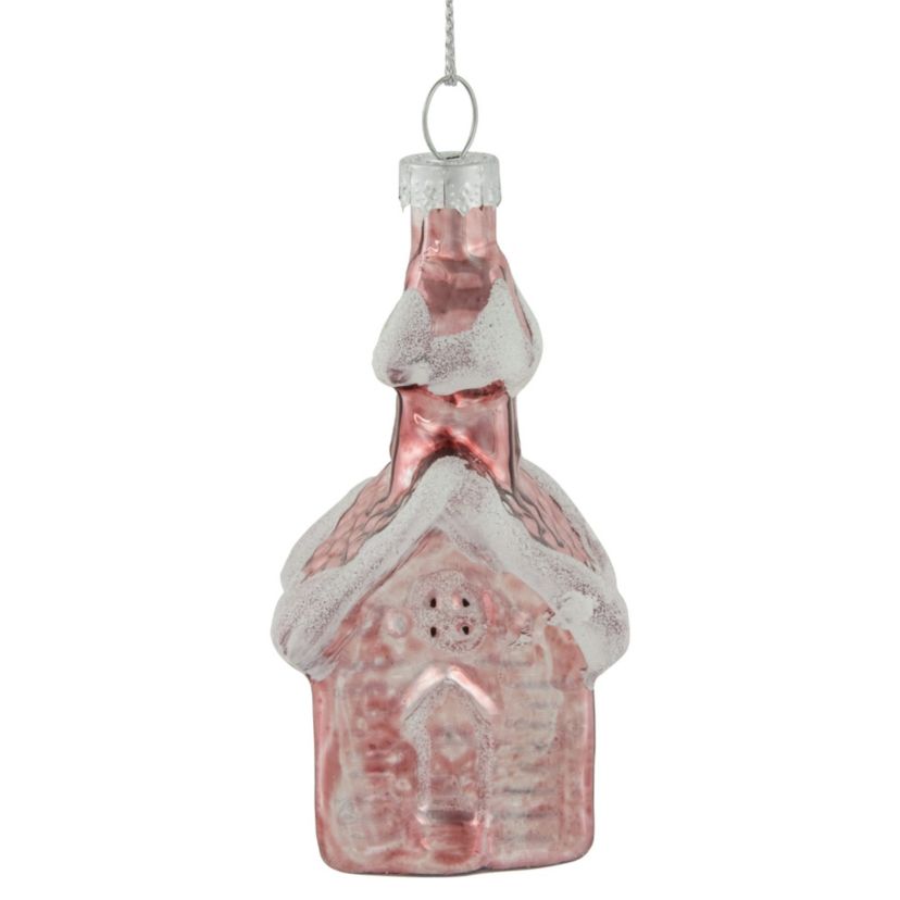3.25inch Snow Covered Pink Church Glass Christmas Ornament