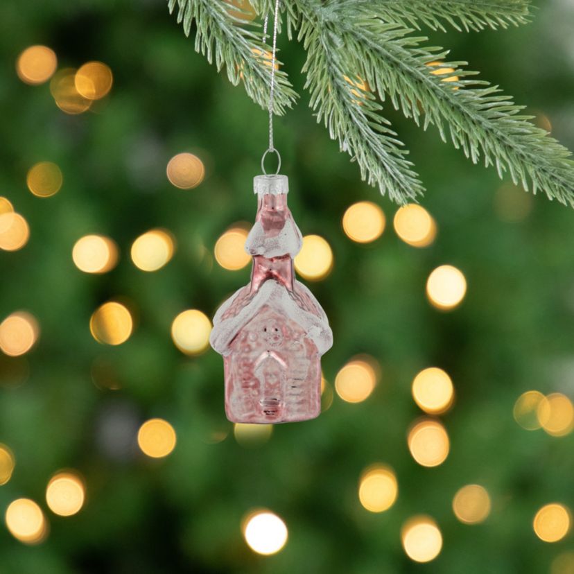 3.25inch Snow Covered Pink Church Glass Christmas Ornament