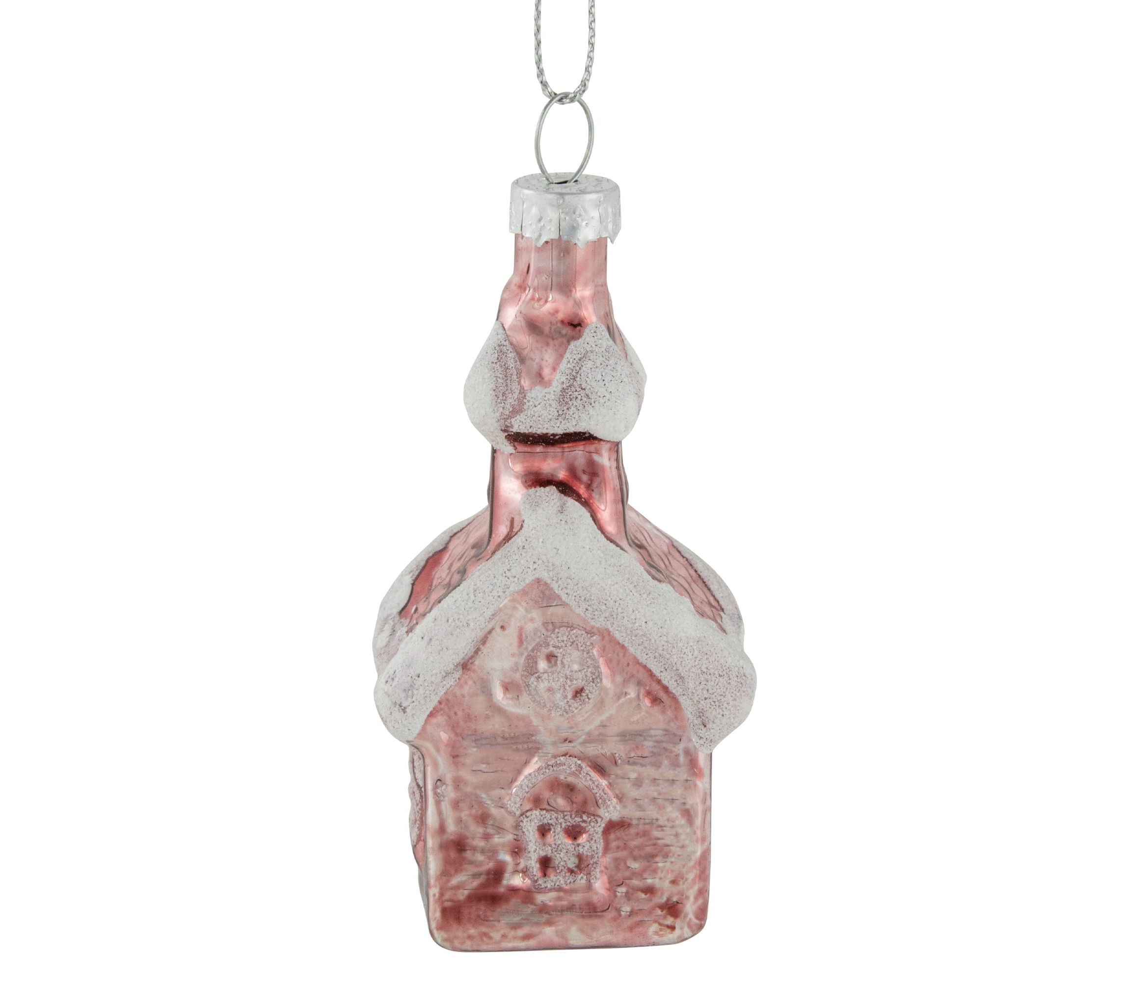 3.25inch Snow Covered Pink Church Glass Christmas Ornament