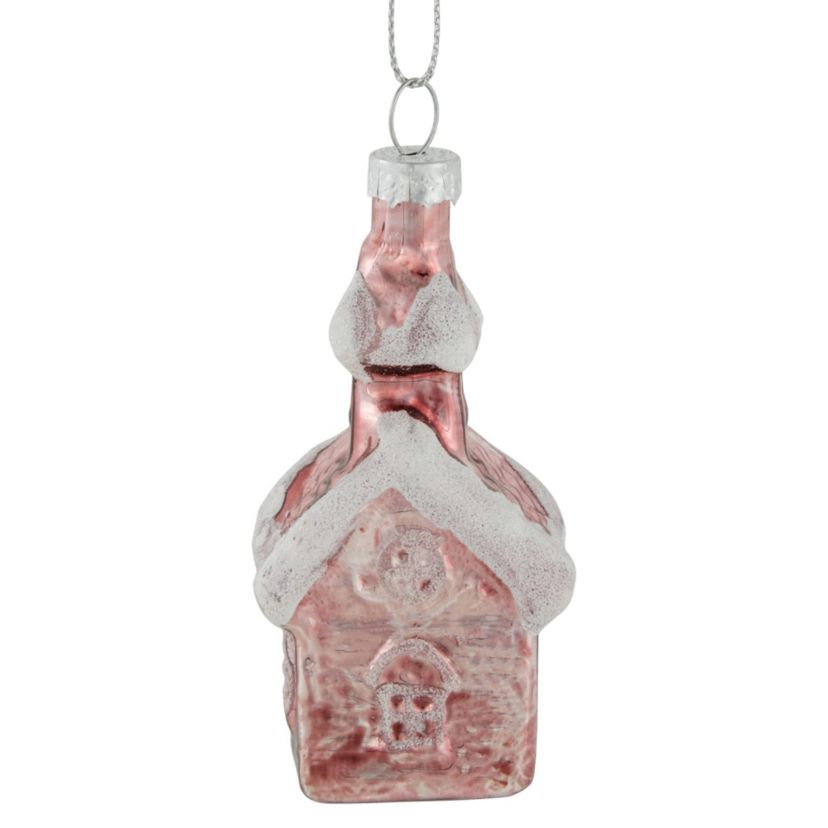 3.25inch Snow Covered Pink Church Glass Christmas Ornament