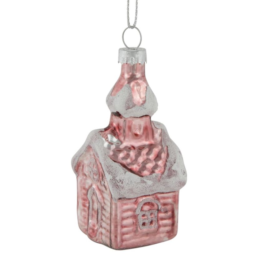3.25inch Snow Covered Pink Church Glass Christmas Ornament