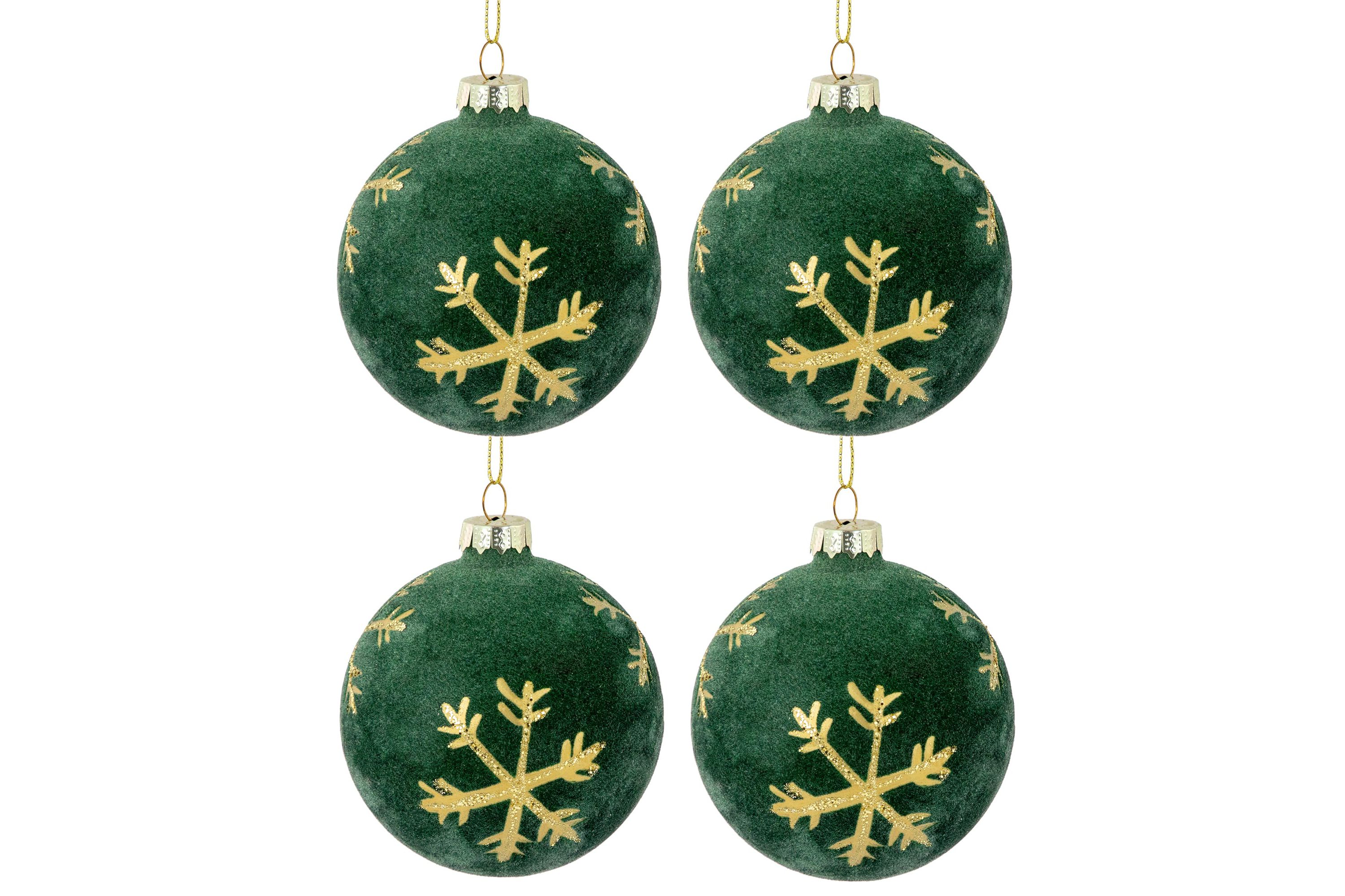 4ct Green Velvet Glass Christmas Ball Ornaments with Gold Snowflakes 3inch (80mm)
