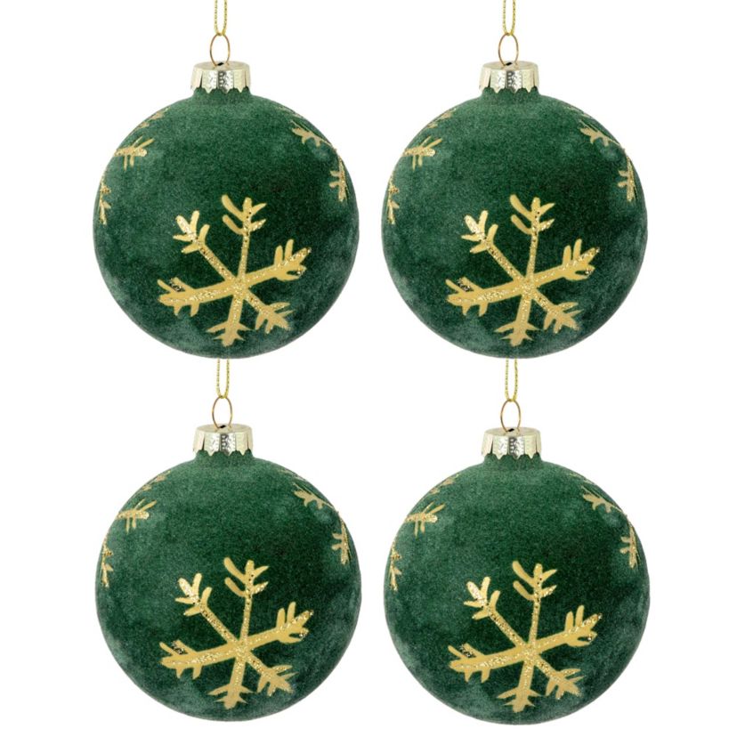 4ct Green Velvet Glass Christmas Ball Ornaments with Gold Snowflakes 3inch (80mm)