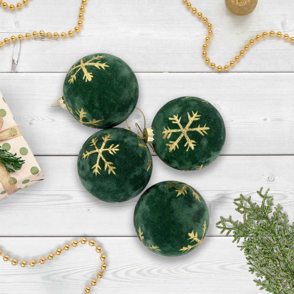4ct Green Velvet Glass Christmas Ball Ornaments with Gold Snowflakes 3inch (80mm)