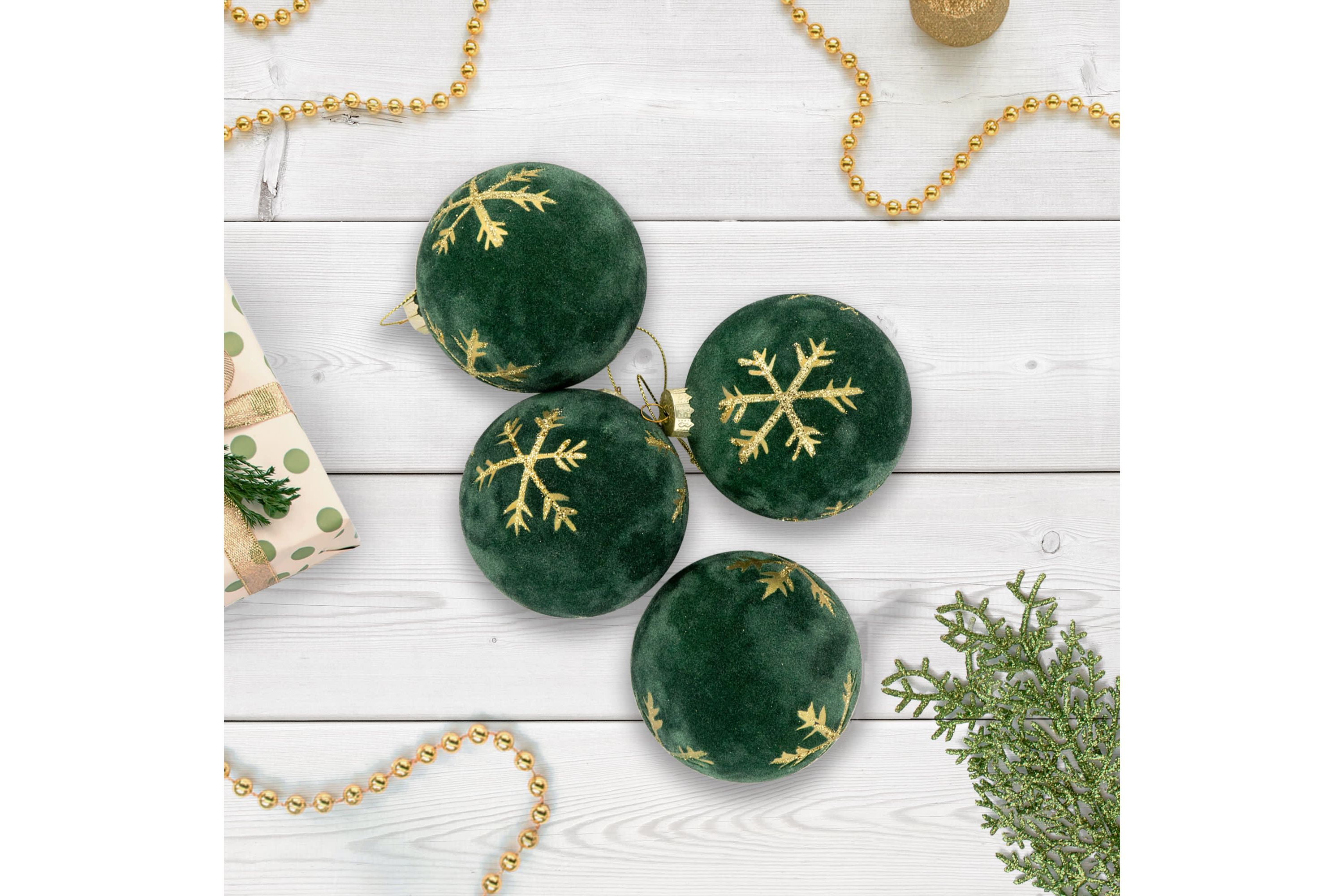 4ct Green Velvet Glass Christmas Ball Ornaments with Gold Snowflakes 3inch (80mm)