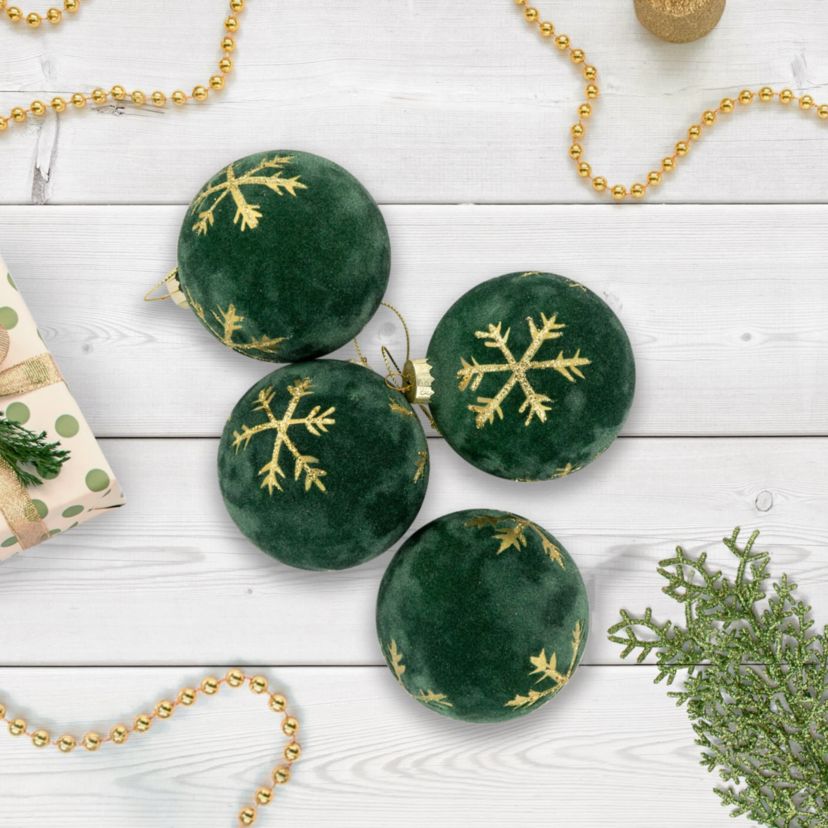 4ct Green Velvet Glass Christmas Ball Ornaments with Gold Snowflakes 3inch (80mm)
