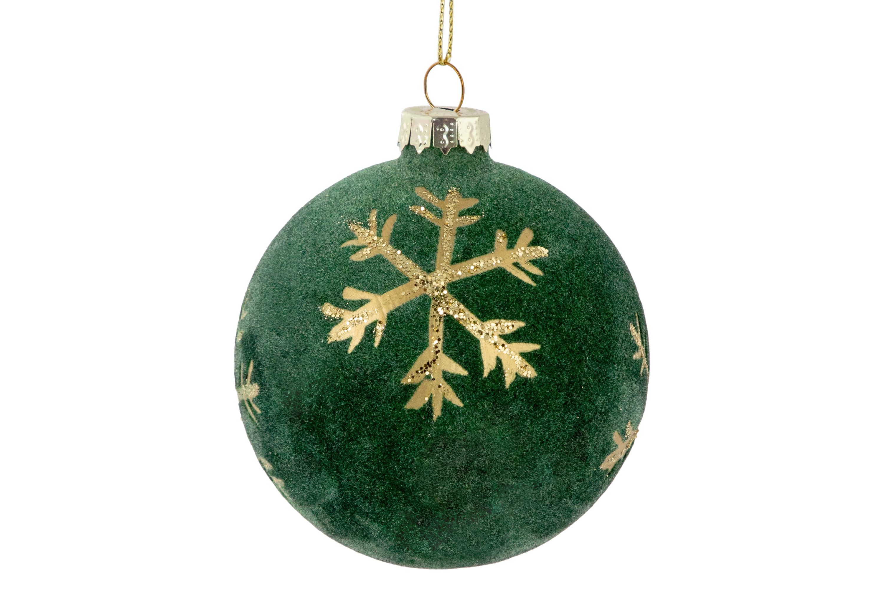 4ct Green Velvet Glass Christmas Ball Ornaments with Gold Snowflakes 3inch (80mm)