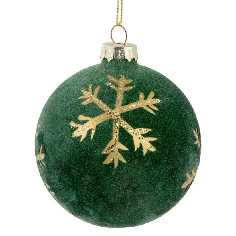 4ct Green Velvet Glass Christmas Ball Ornaments with Gold Snowflakes 3inch (80mm)