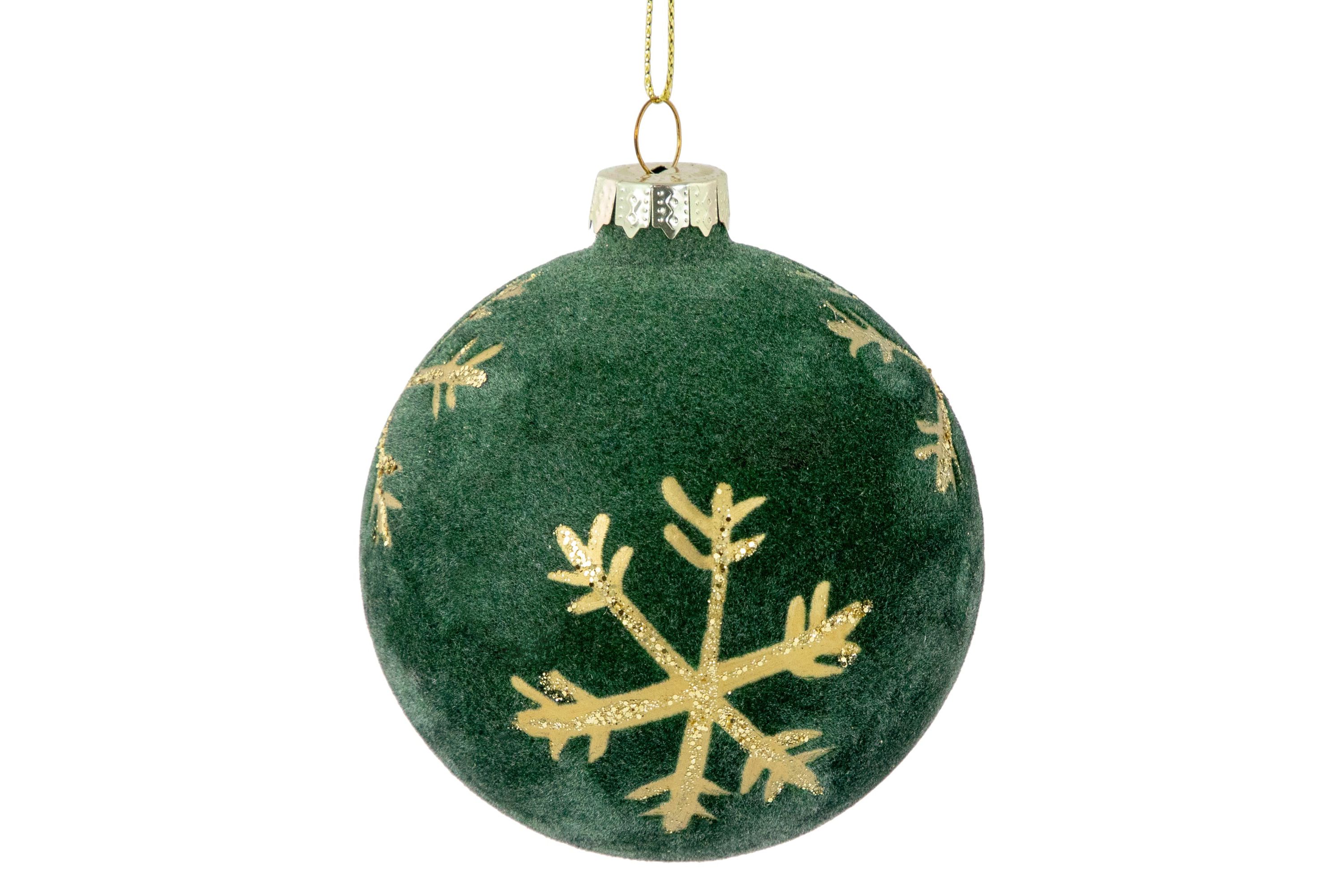 4ct Green Velvet Glass Christmas Ball Ornaments with Gold Snowflakes 3inch (80mm)