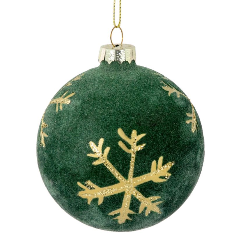 4ct Green Velvet Glass Christmas Ball Ornaments with Gold Snowflakes 3inch (80mm)