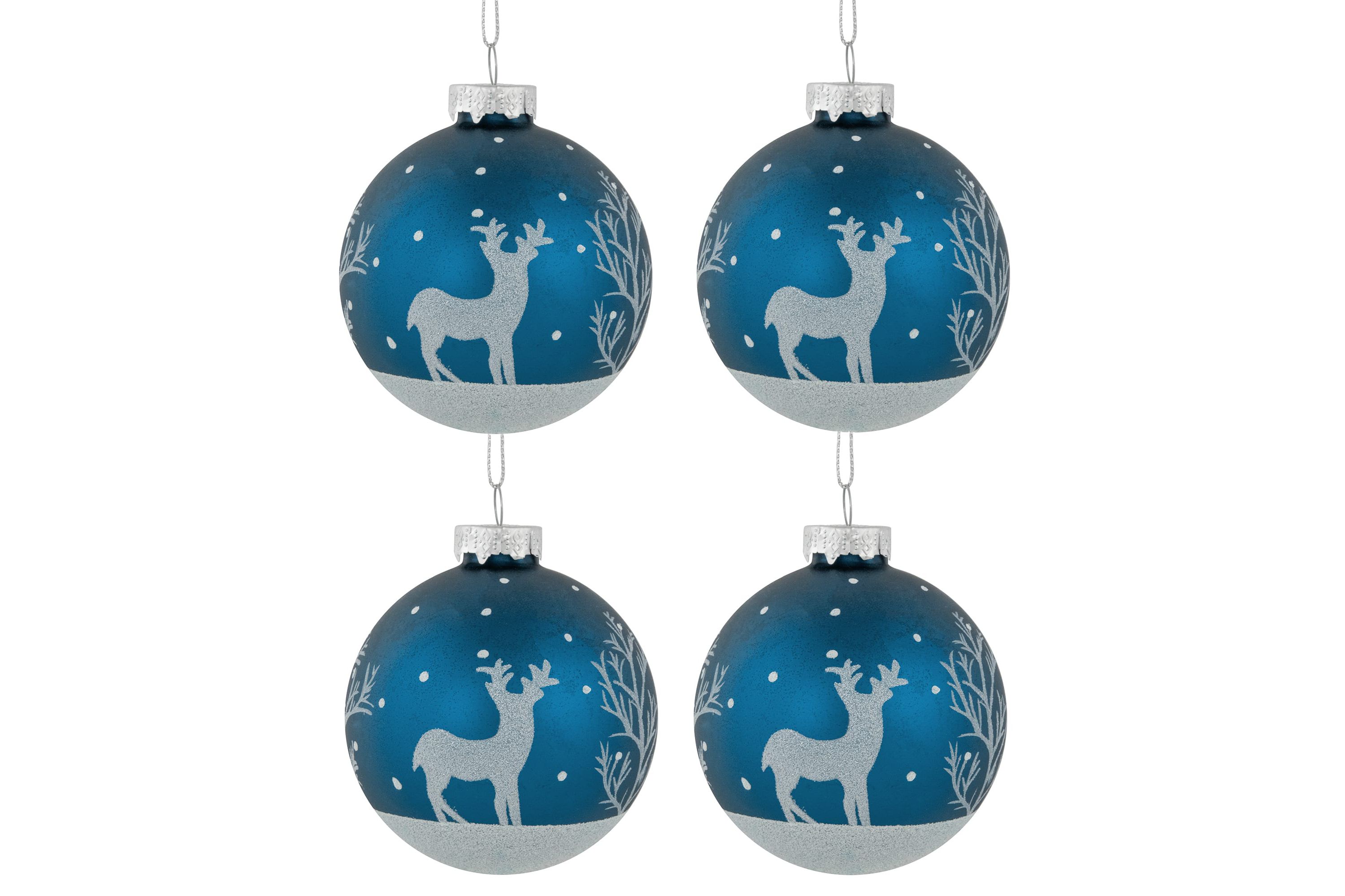 4ct Blue Glass Ball Christmas Ornaments with Glitter Reindeer 3inch
