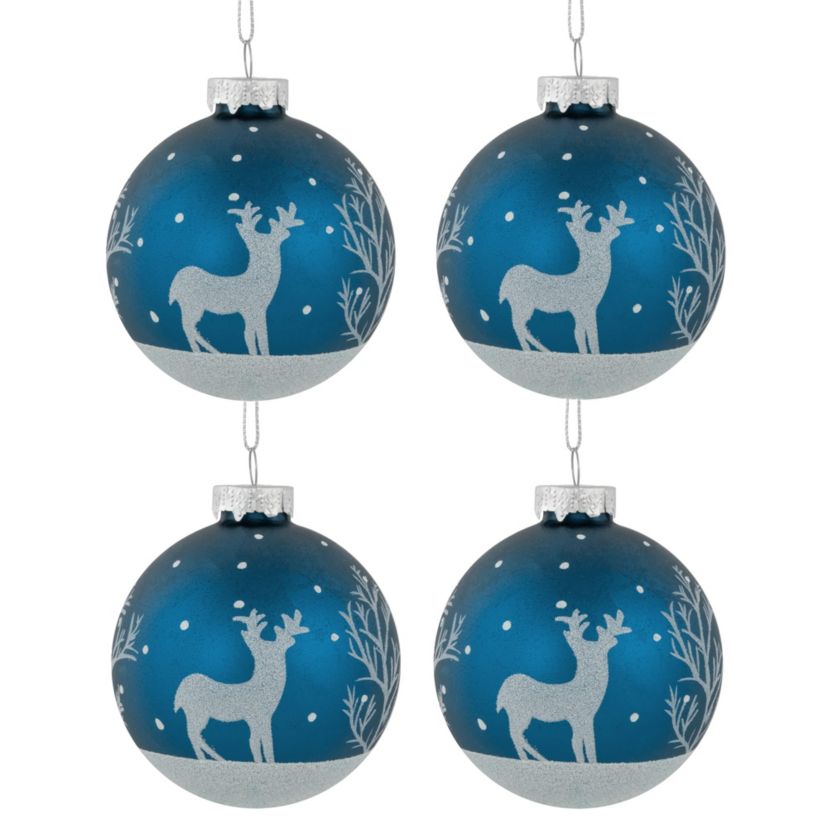 4ct Blue Glass Ball Christmas Ornaments with Glitter Reindeer 3inch