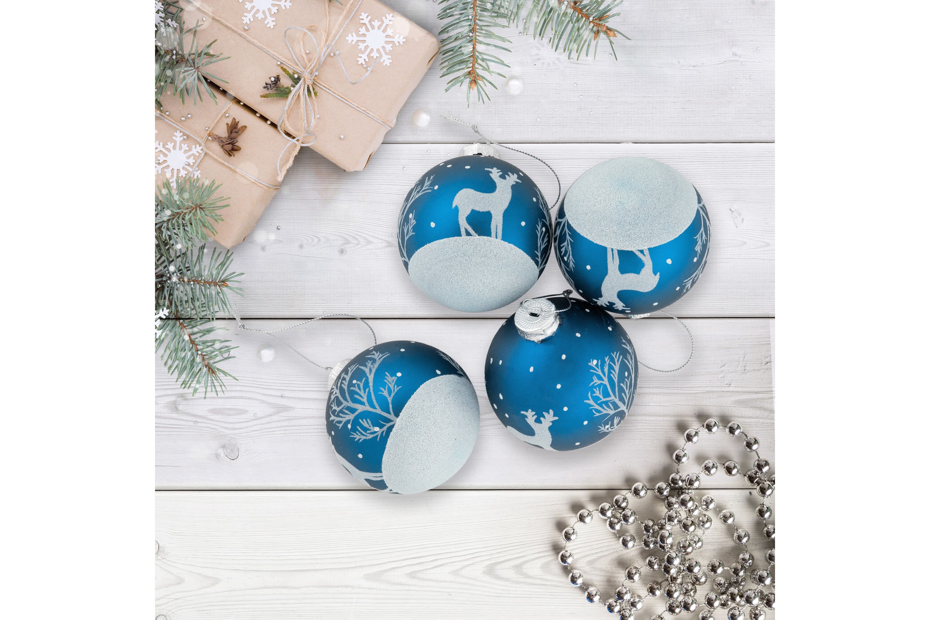 4ct Blue Glass Ball Christmas Ornaments with Glitter Reindeer 3inch