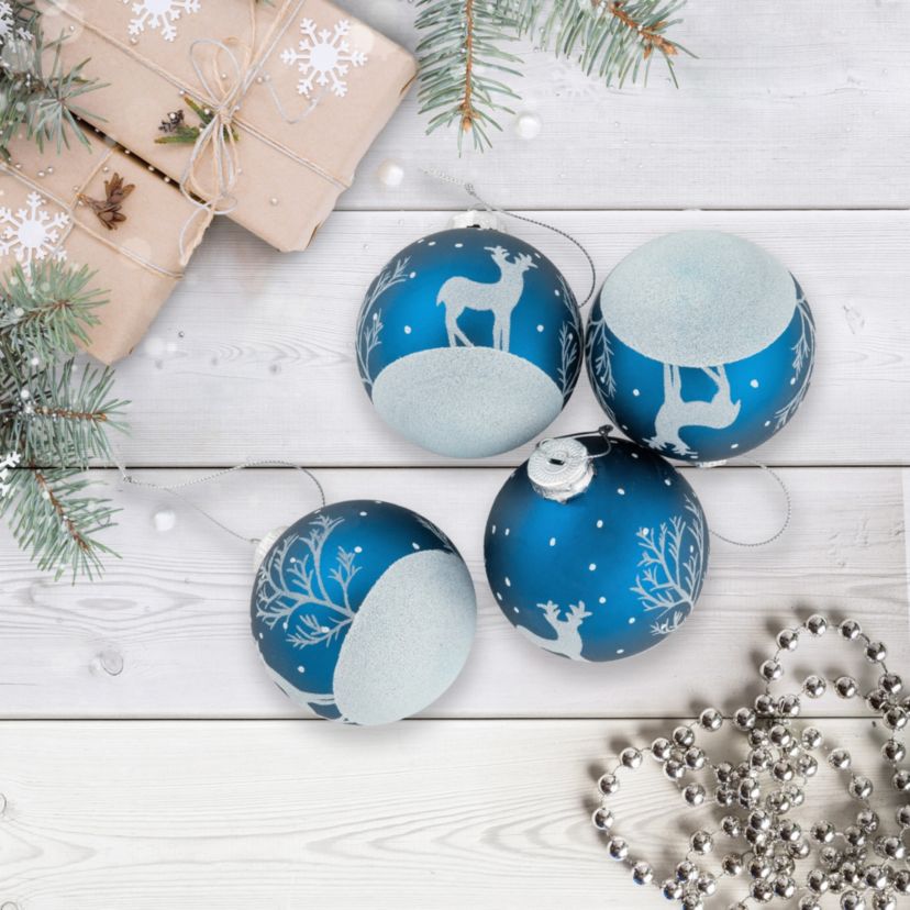 4ct Blue Glass Ball Christmas Ornaments with Glitter Reindeer 3inch