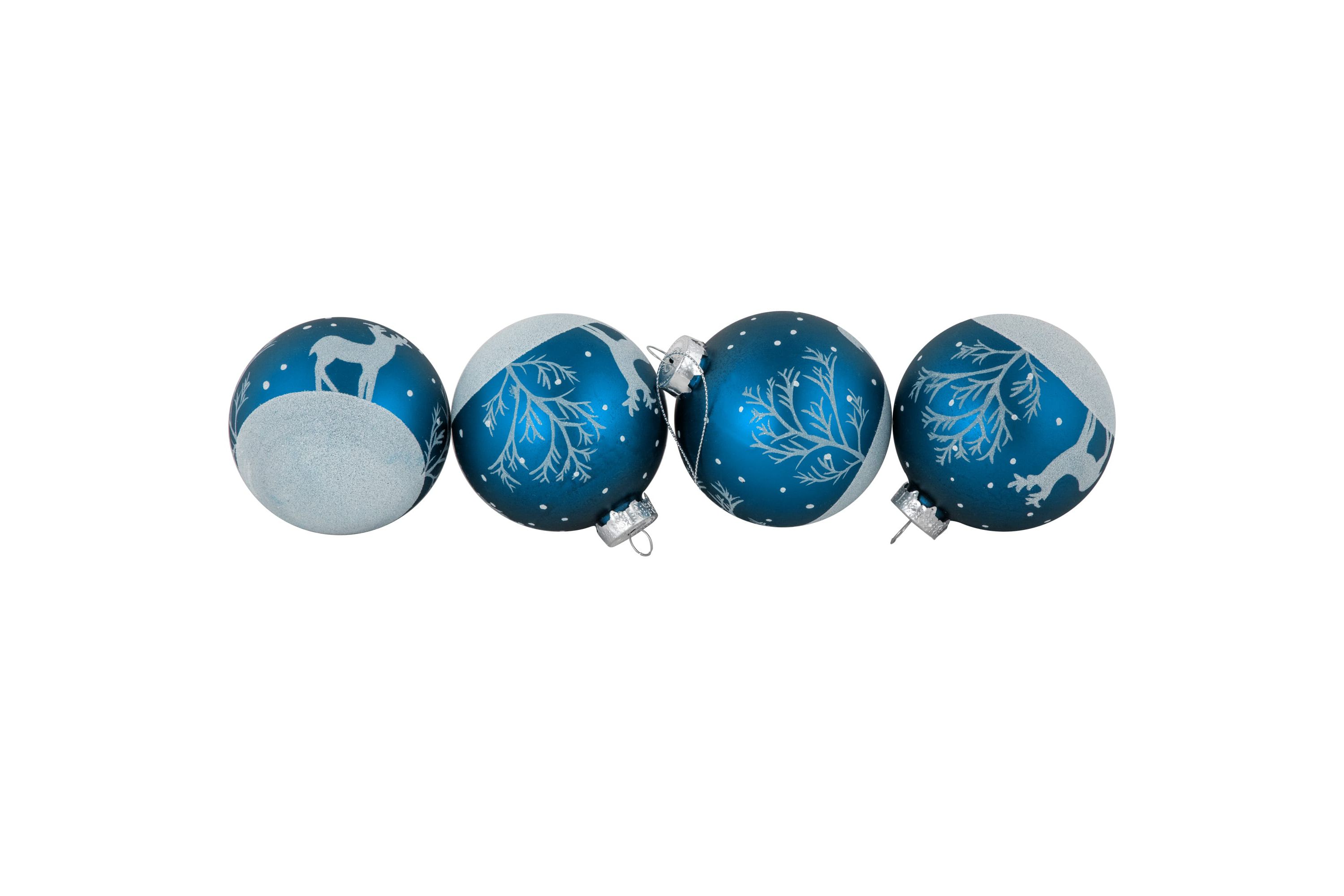 4ct Blue Glass Ball Christmas Ornaments with Glitter Reindeer 3inch
