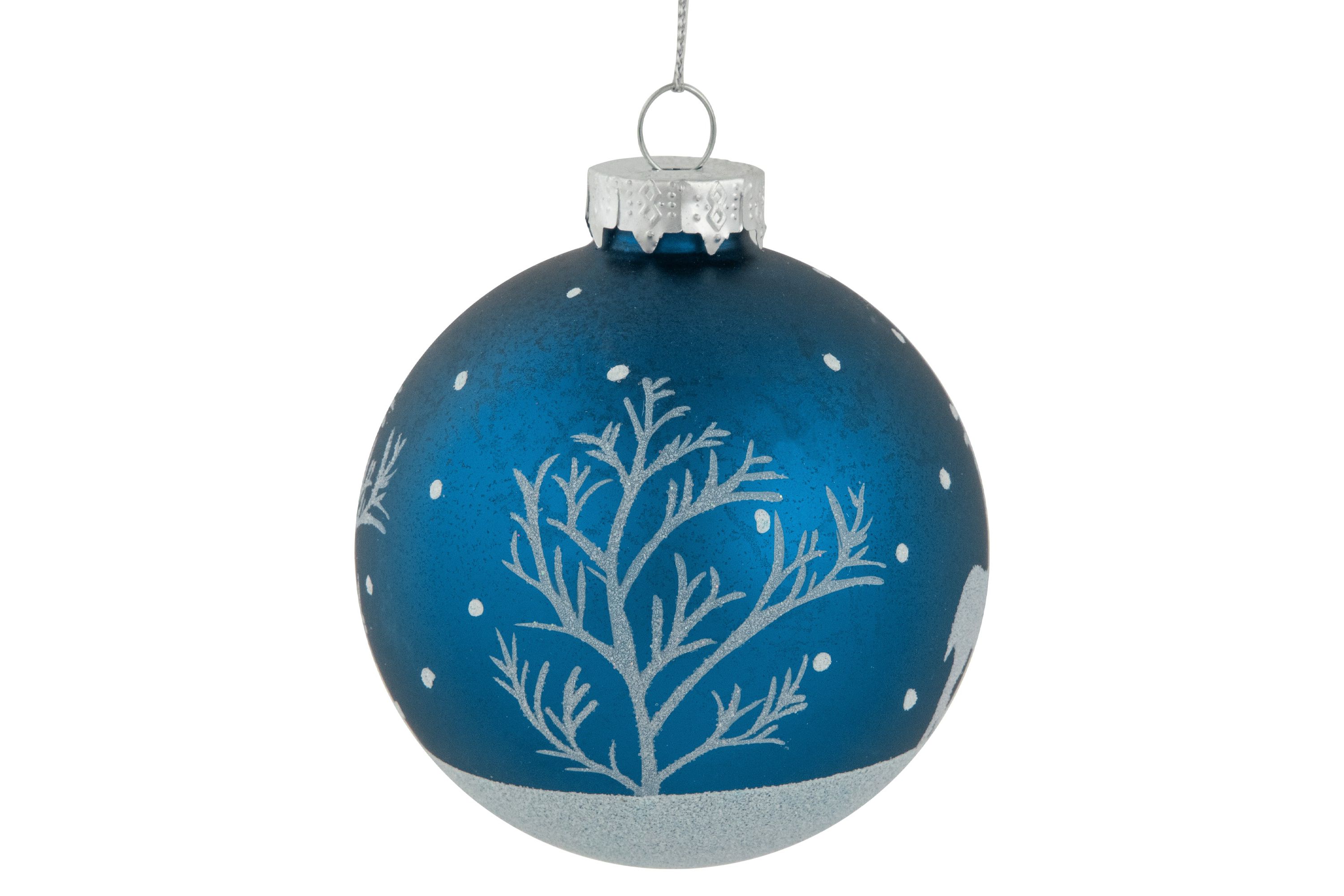 4ct Blue Glass Ball Christmas Ornaments with Glitter Reindeer 3inch