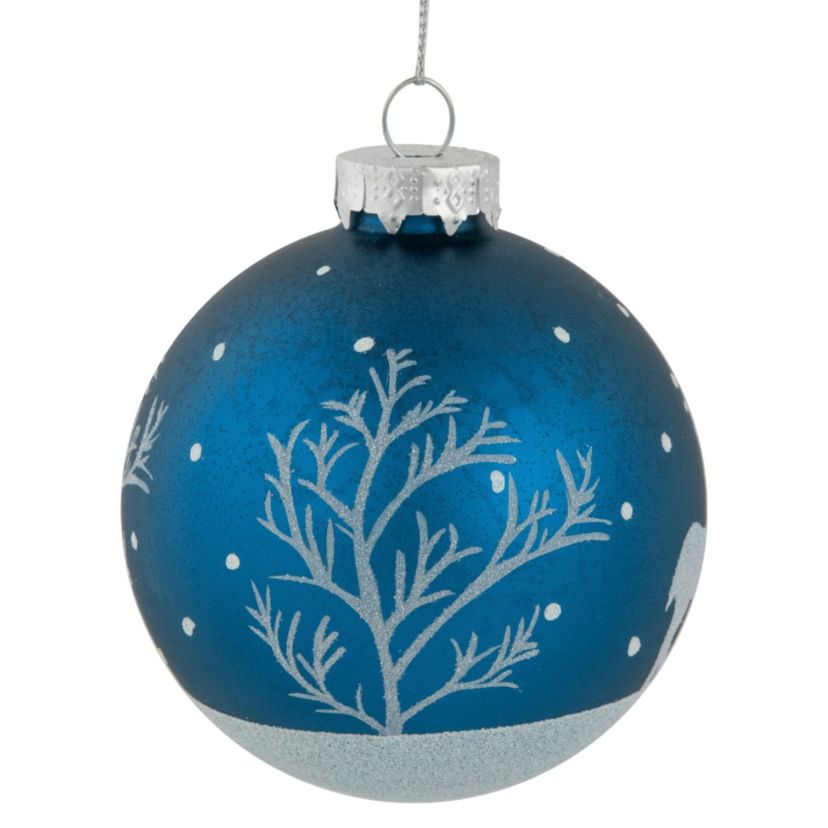 4ct Blue Glass Ball Christmas Ornaments with Glitter Reindeer 3inch