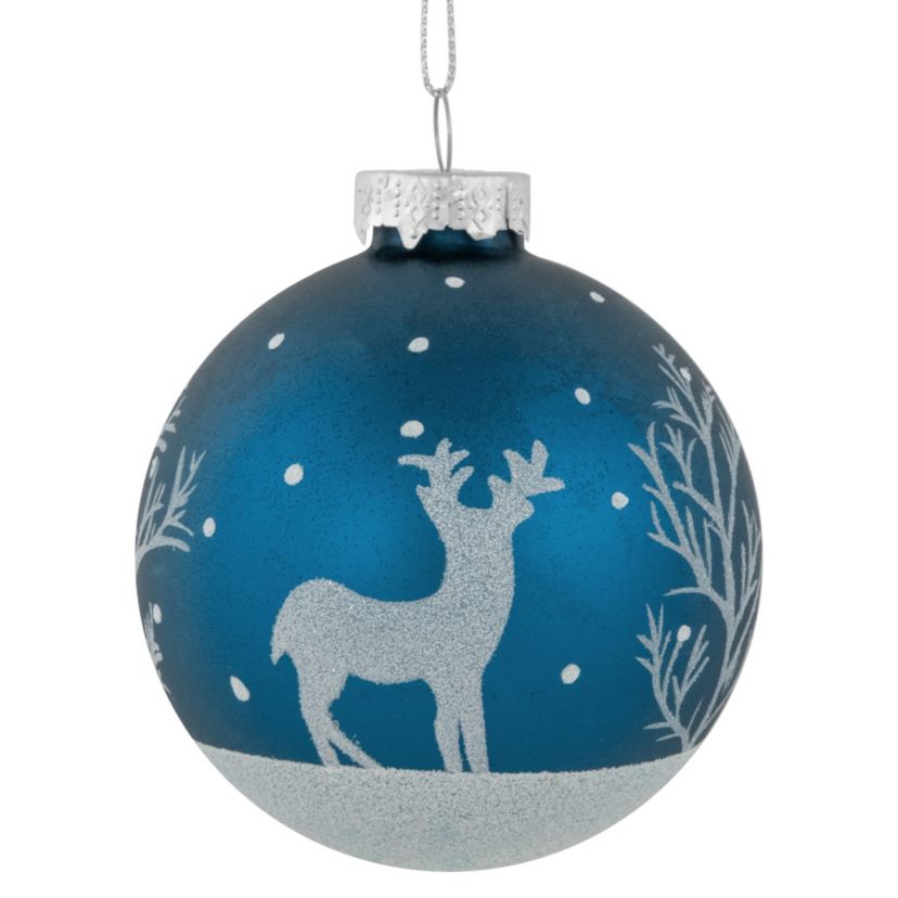 4ct Blue Glass Ball Christmas Ornaments with Glitter Reindeer 3inch