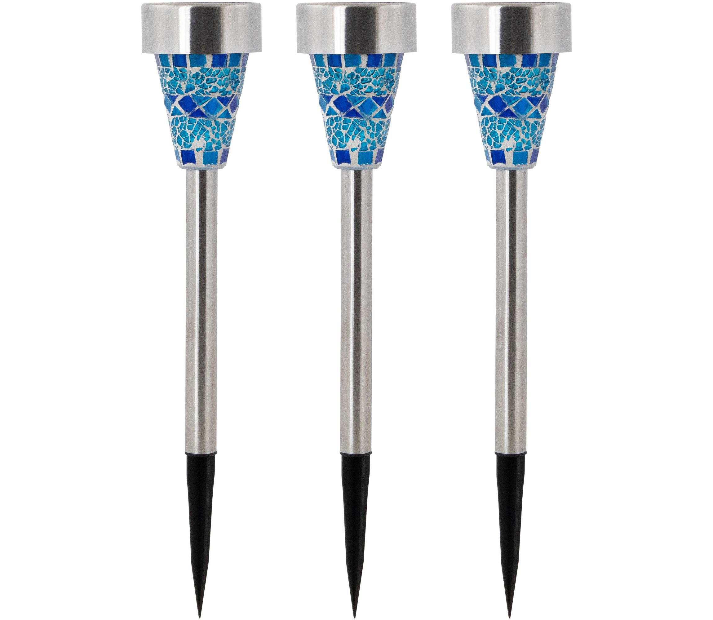 Set of 3 Blue Mosaic Stained Glass Solar Powered LED Pathway Markers  15.5"