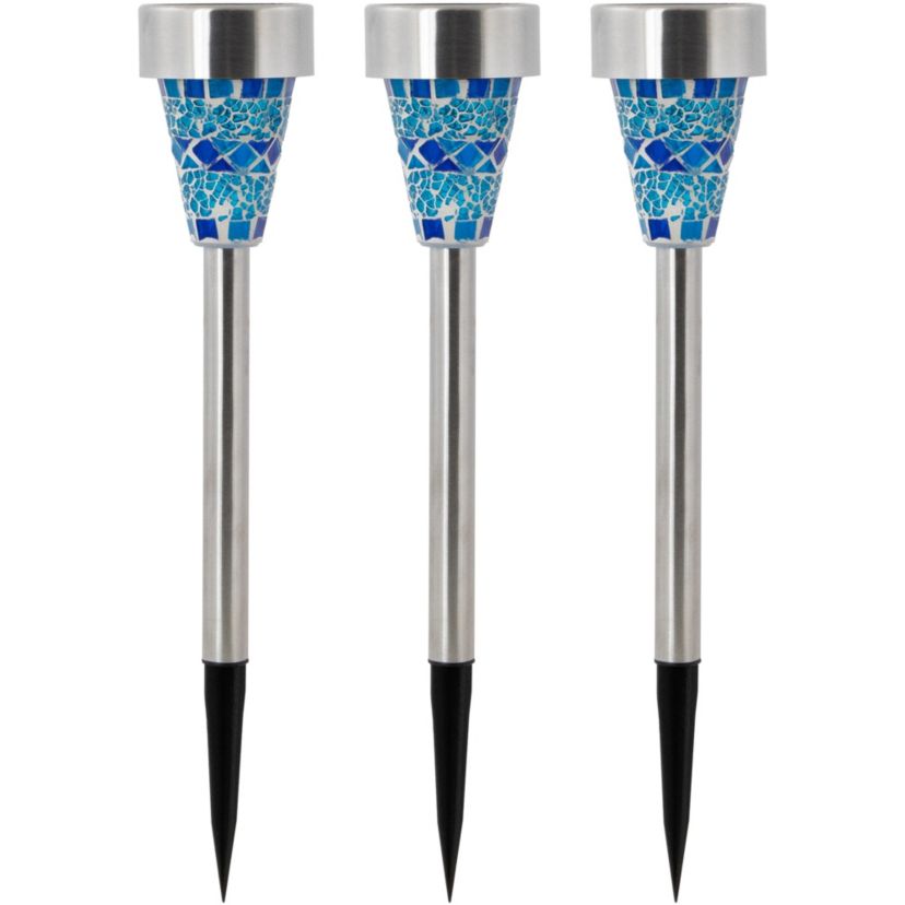 Set of 3 Blue Mosaic Stained Glass Solar Powered LED Pathway Markers  15.5"