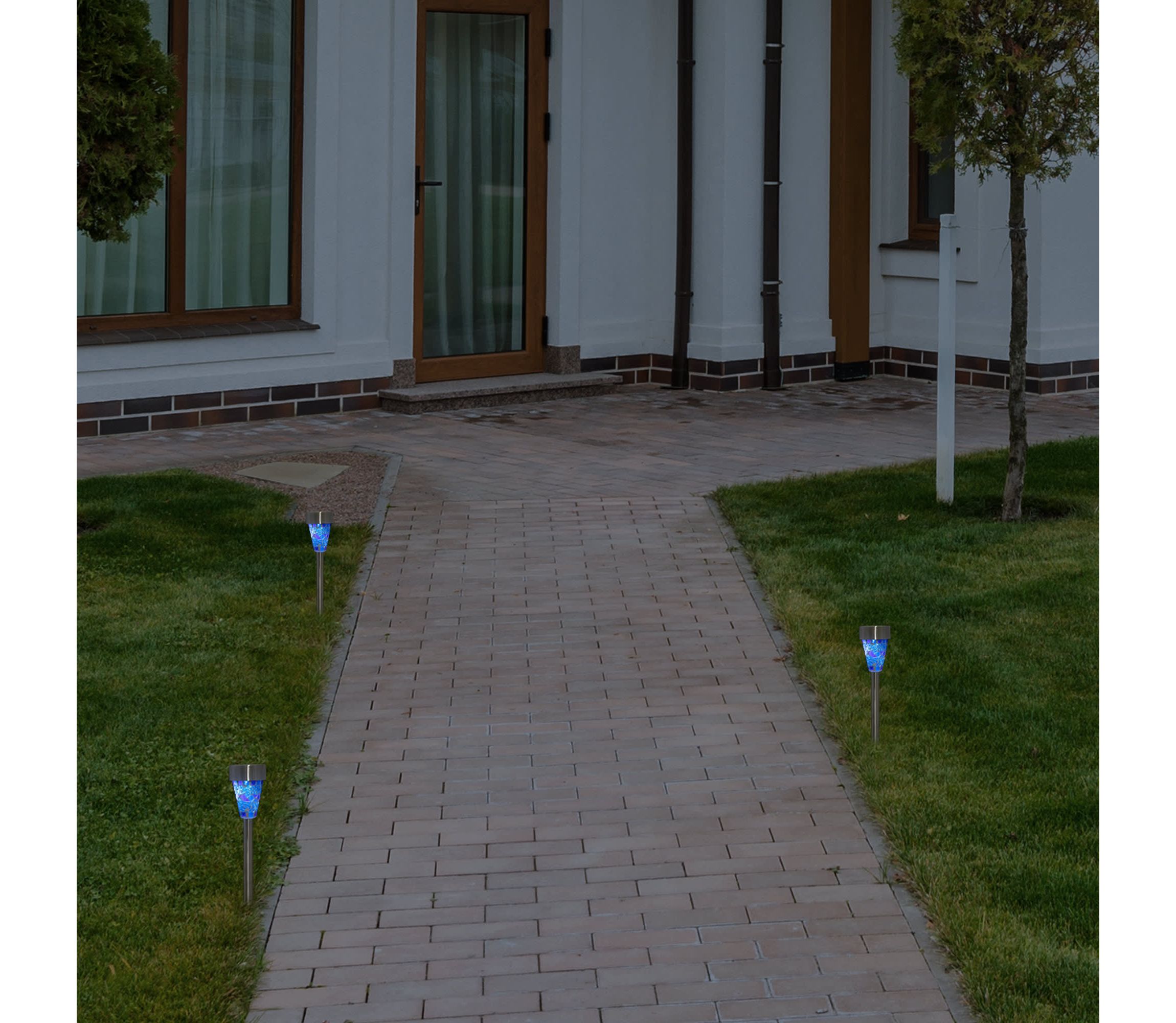 Set of 3 Blue Mosaic Stained Glass Solar Powered LED Pathway Markers  15.5"