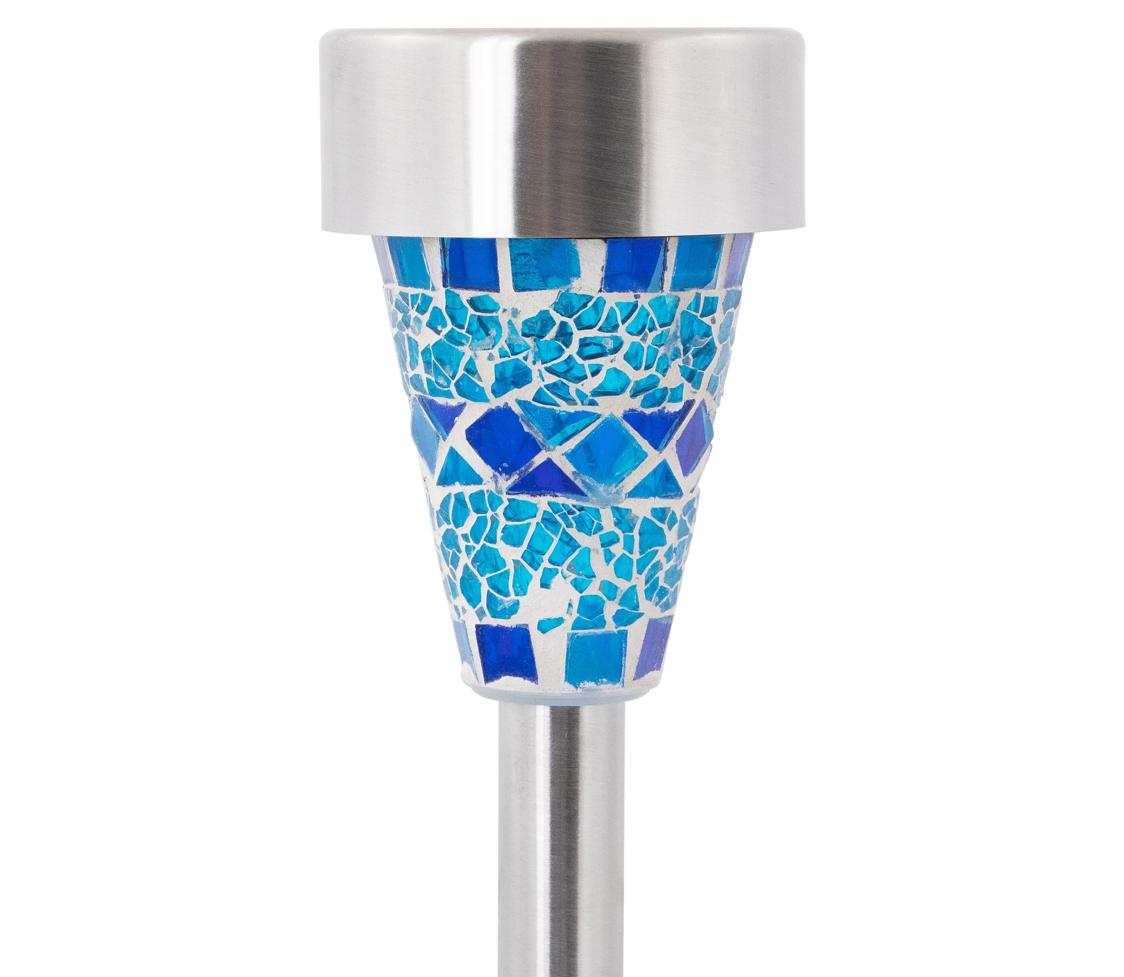 Set of 3 Blue Mosaic Stained Glass Solar Powered LED Pathway Markers  15.5"