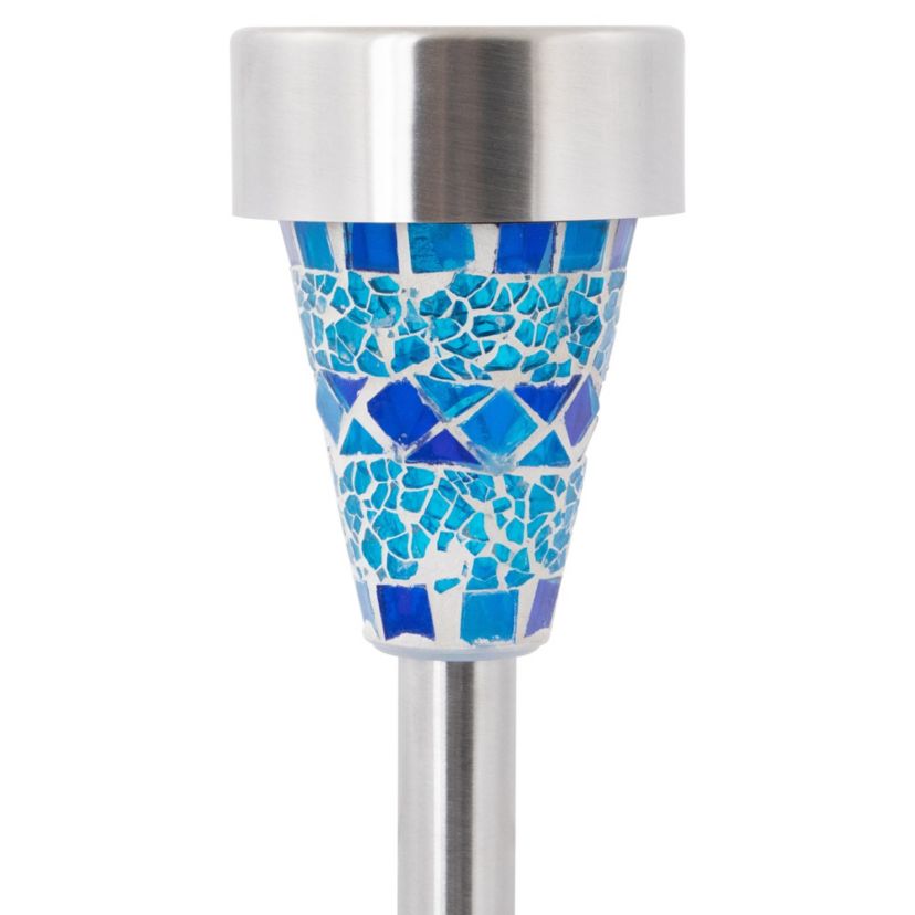 Set of 3 Blue Mosaic Stained Glass Solar Powered LED Pathway Markers  15.5"
