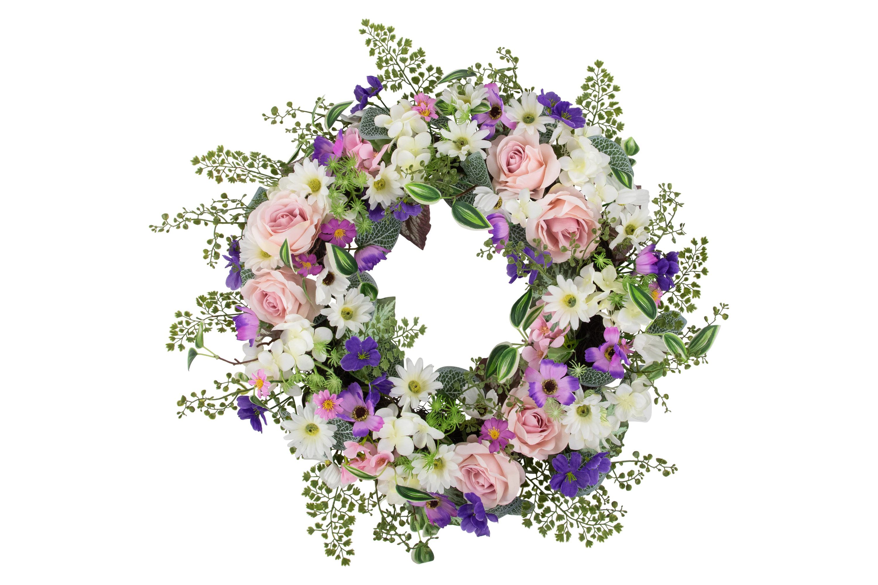 Mixed Floral and Fern Artificial Spring Wreath  24-Inch