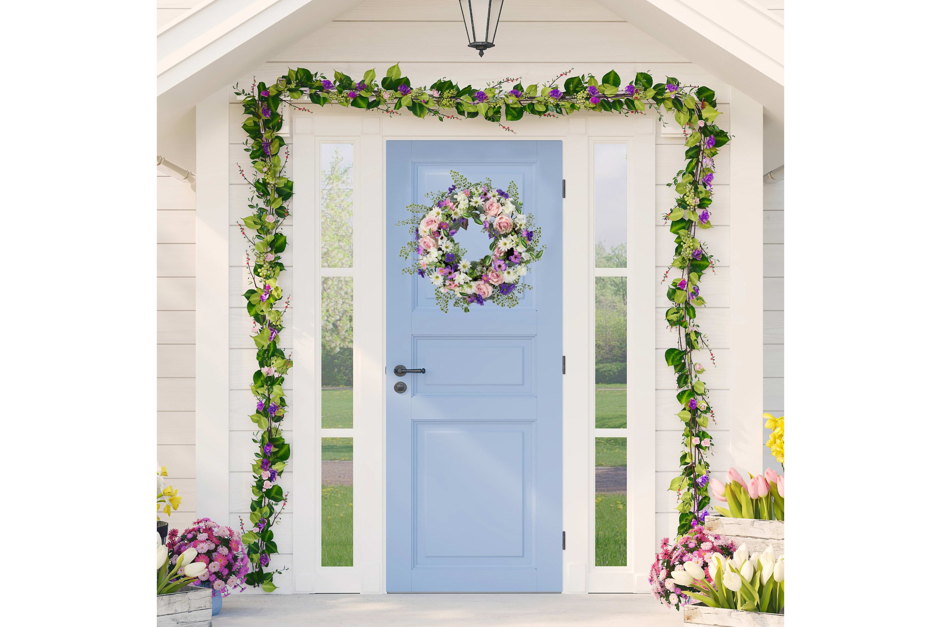Mixed Floral and Fern Artificial Spring Wreath  24-Inch