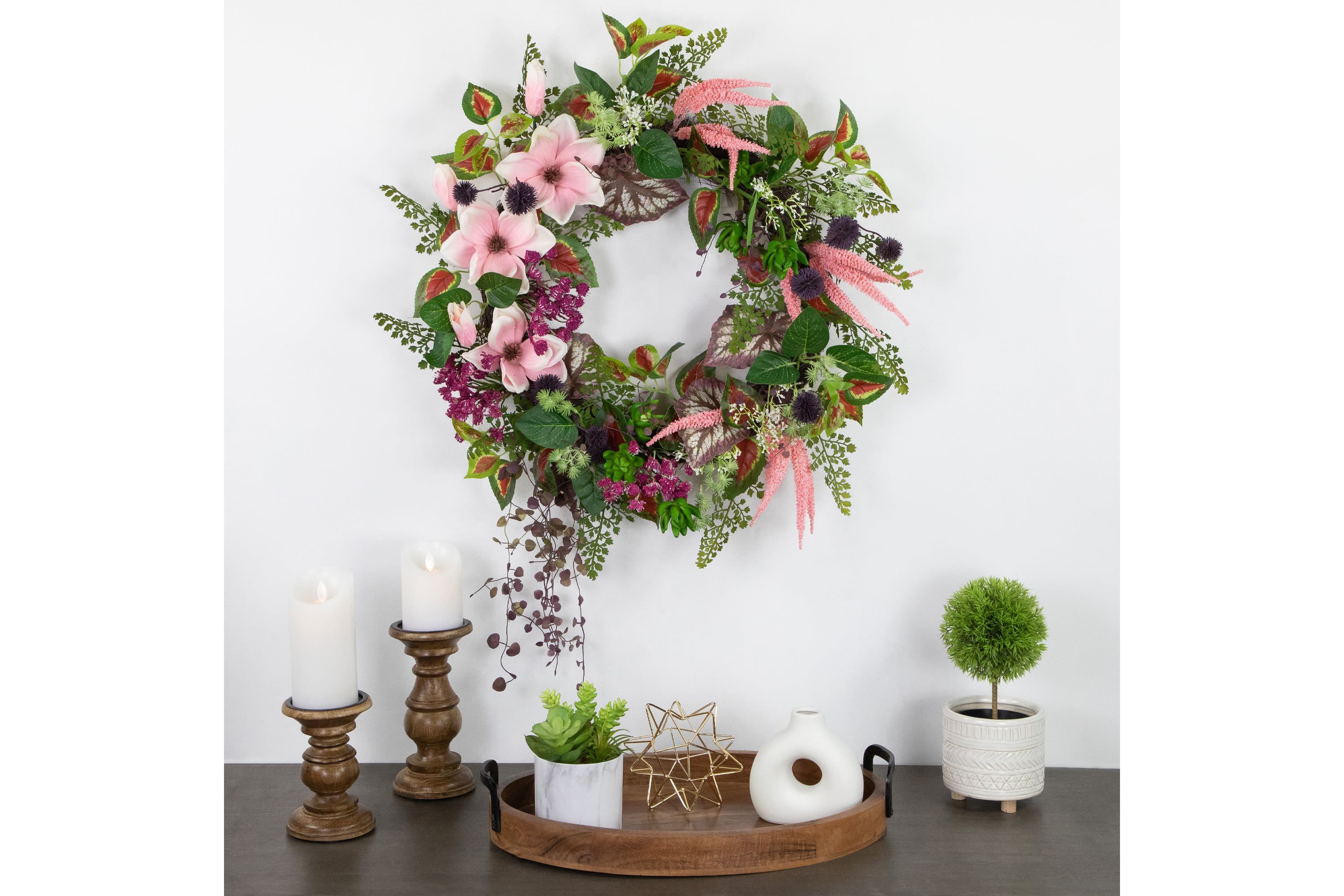 Succulent and Fern Artificial Spring Floral Wreath  24-Inch