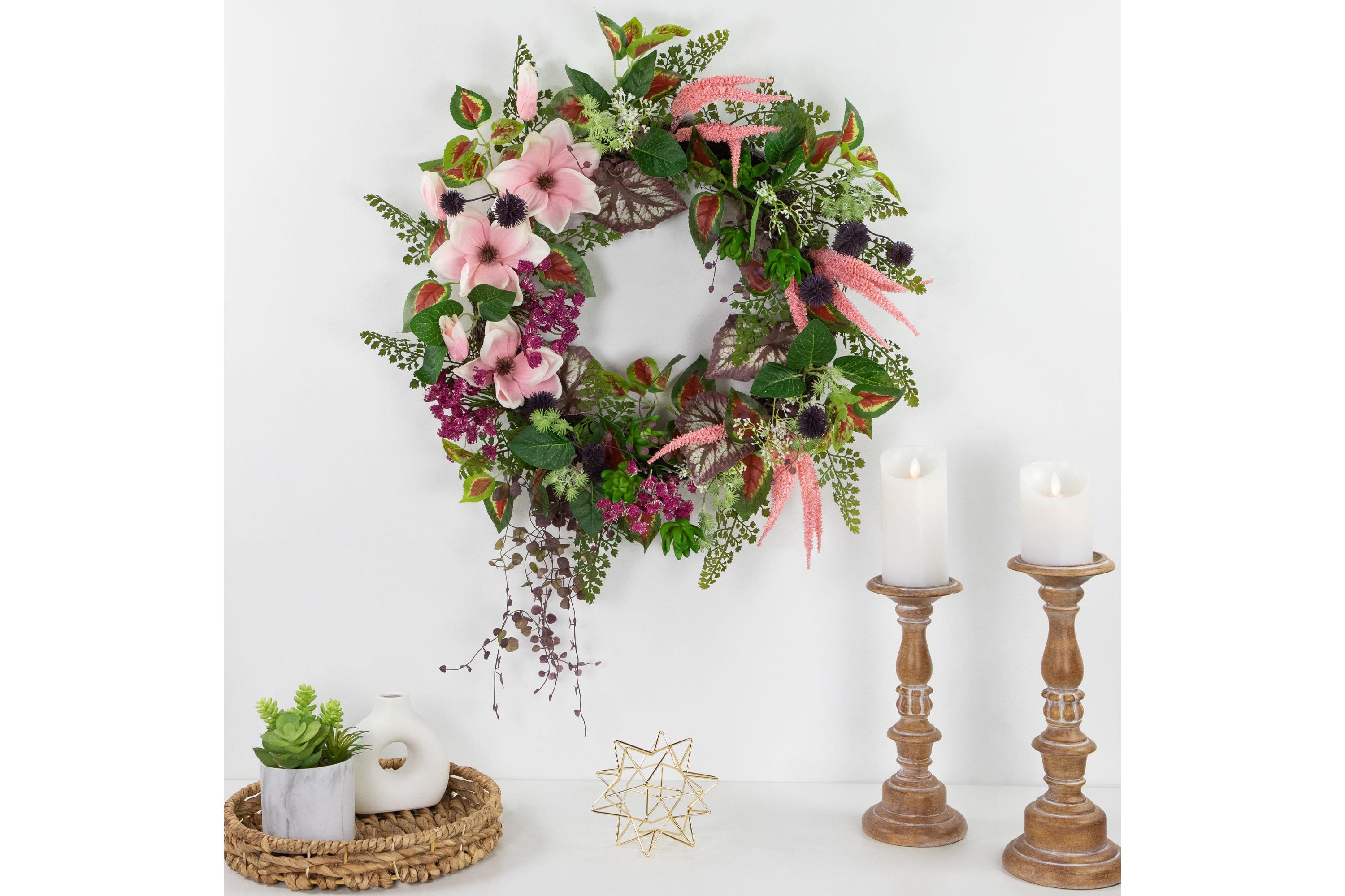 Succulent and Fern Artificial Spring Floral Wreath  24-Inch