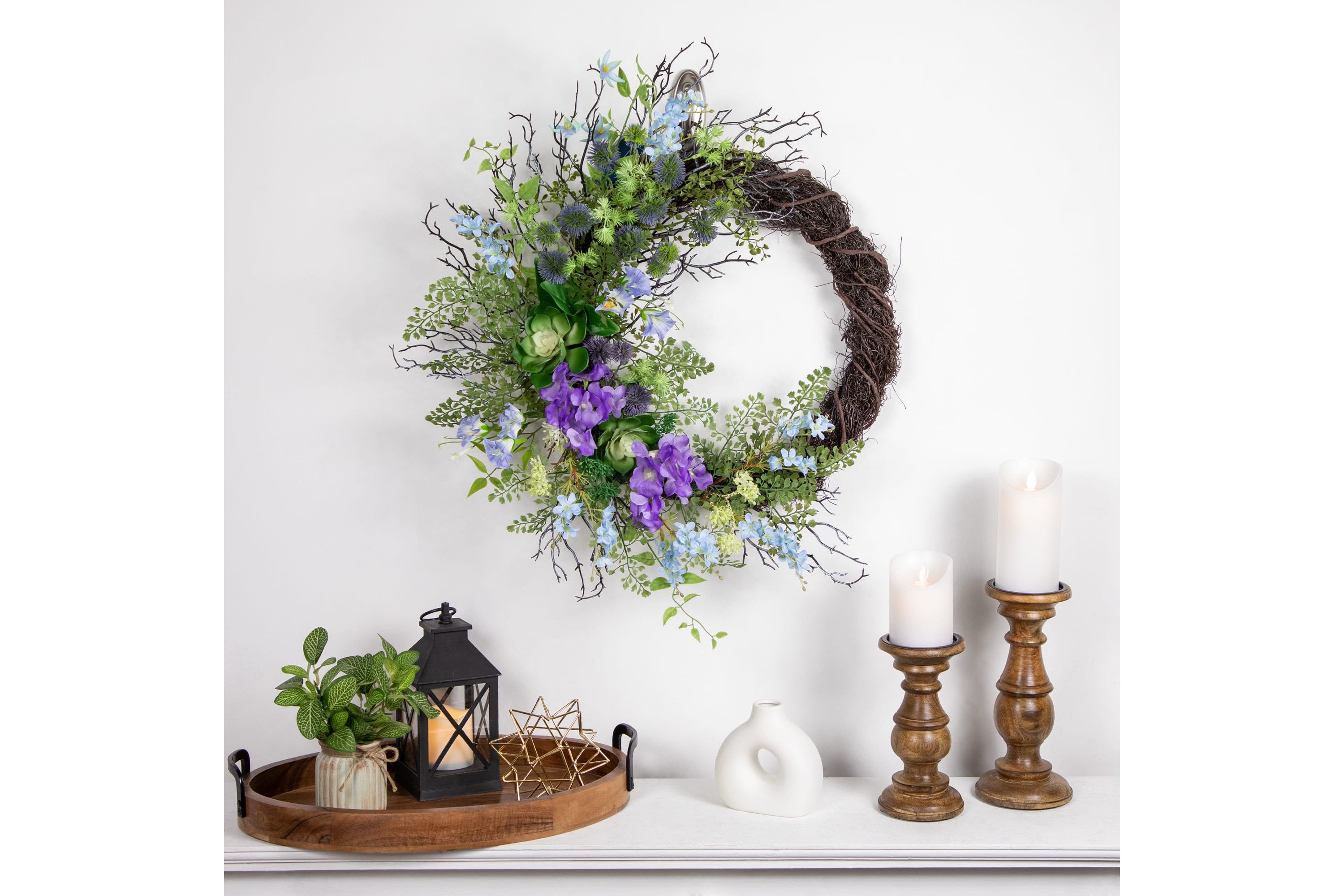 Mixed Wild Flowers and Twig Artificial Spring Wreath  24-Inch